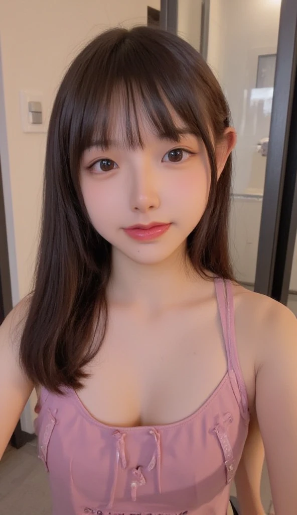 NFSW、masutepiece、masterpiece、1 girl in、(close up of face、cowboy shot)、Straight front view、japanes、very young cute woman、(The cutest girl in the world)、ar old、Smaller face、large full breasts、Autumn knit jacket、Sheer inner、Chiffon skirt、Ultra-detailed costumes、Smiling in a café、Scrunchie、Thin necklace、Glamorous figure、hyper cute face、shiny lip、Double eyelids in both eyes、 natural make up、long eyeslashes、shiny smooth light brown hair、bangss、Short twin tail hair、asymmetrical bangs、image in center、8K分辨率、high détails、Detailed hairstyles、A detailed face、spectacular movie lighting、octane renderings、with a vibrant、Ultra-realistic、Perfect limbs、perfect anatomia