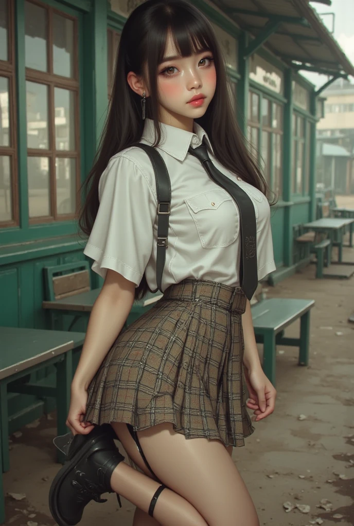 17 years old girl, beautiful asian girl, scout girl, black hair, wear brown scout uniform, natural beauty, small body, brown scout hat