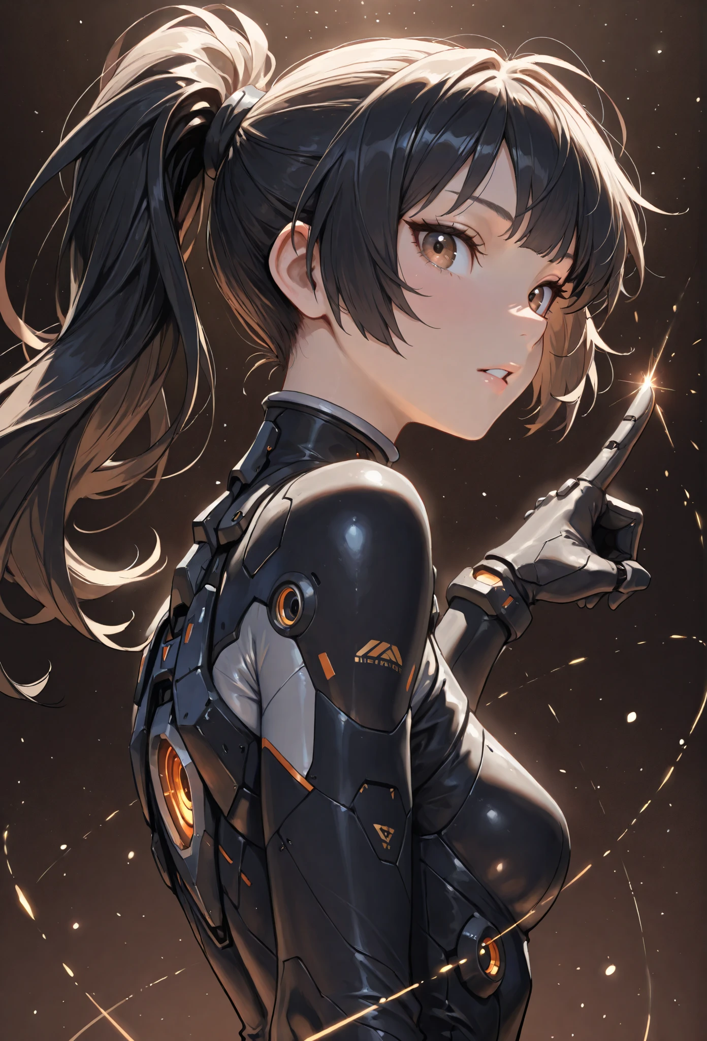 (masterpiece), (best quality), (ultra-detailed), very aesthetic, (very sophisticated), illustration, realistic illustration, perfect composition, intricate details, absurdres, detailed face, (anime, masterpiece, intricate:1.3), (best quality, hires textures, high detail:1.2), (4k), (incredibly detailed:1.4), detailed eyes, realistic shadow, ((sfw)), 
BREAK 
1girl, solo, 20 yo, black hair, ponytail hair, fluffy bangs, (brown eyes, tsurime, open eyes), round face, parted lips, serious looks, mecha bodysuit, spin, (spread her arm of the screenside wide to the viewer),motion blur, looking at viewer, 
BREAK 
the lower half of her face is hidden by her ponytail during the spinning motion, 
BREAK
pointing the tip of the ponytail, focus the tip of the ponytail, forced perspective, the tip of the ponytail close-up, 
BREAK 
POV angle, (head shot), (from side), eye focus, happily, (right palm facing the viewer), depth-of-field, soft-light-world background, particle, blur, 
BREAK 
((simple background)), 
BREAK 
dynamic lighting, (lineless:1.2), detailed, beautiful color, detailed, soft light, particles, lens flare, light rays, (God's masterpiece),
