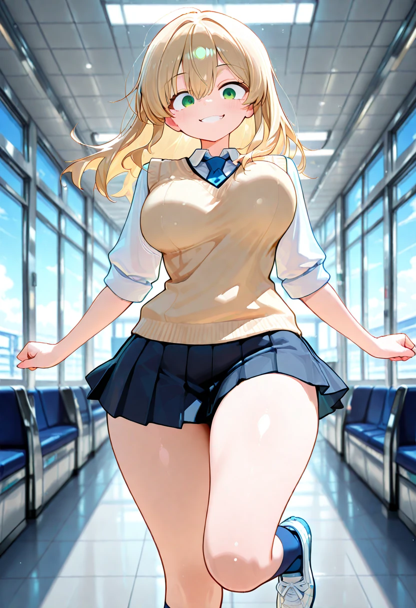 (((medium breasts))), ((best quality)), ((masterpiece)), (detailed), (((perfect face))), (((slender 16yo teen girl))), ((((topless)))) (((dark blue pleated skirt from waist to thighs))), ((((blonde hair)))), ((French braid)), ((shy:1.3)), ((blushing:1.5)), ((skinny hips)), (((standing on train))), ((((girl looking away)))), (((bare arms))), (((bare shoulders))), (((bare stomach))), (((skinny thighs)))