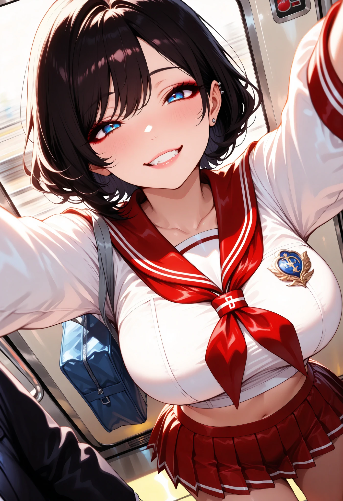 htm,1 woman, cool school girl:1.2, Dance Motion, school bag, Dutch Angle, dark haired, shorthair, Big breasts, (standing grinning), perfect body, cropped tops, sailor suit that binds the length, pleated skirt, Delicate decoration, piercings, Inside the Train, Idiot, warm light, brightly colored, Photogenic, super high resolution, (top quality, very detailed, CG illustration, SOFT FOCUS, masterpiece, Best Aesthetics),