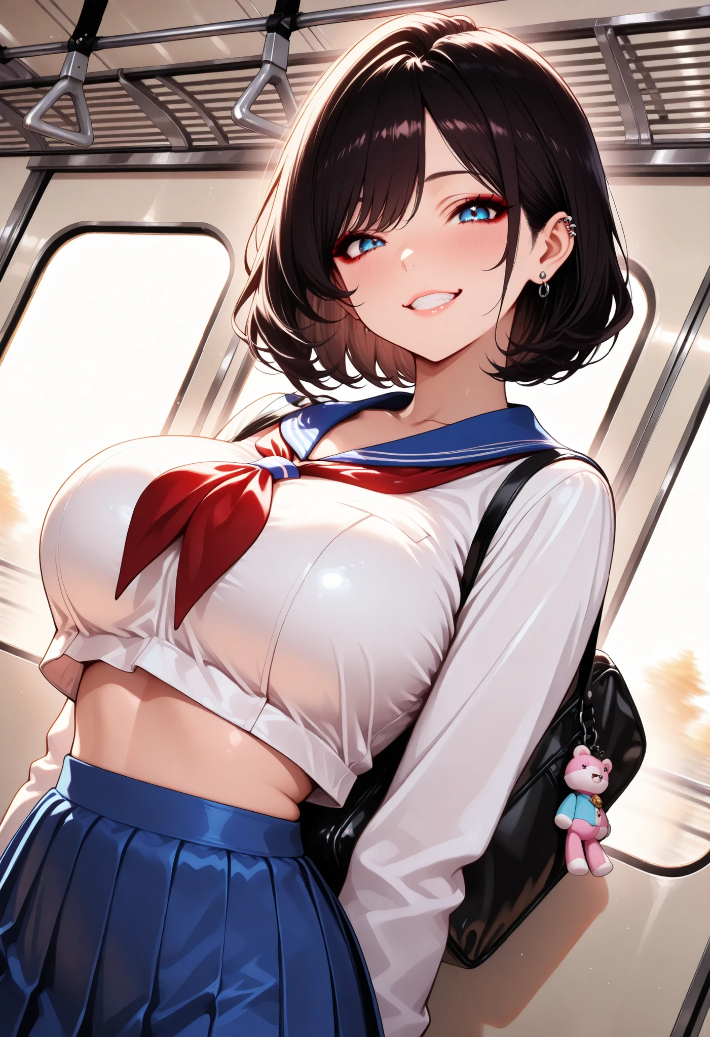 (highest quality:1.2, Very detailed, up to date, Vibrant, Ultra-high resolution, High Contrast, masterpiece:1.2, highest quality, Best aesthetics), Portraiture、girl、solo, (25-years-old:1), (slim:1), heterrochromia, green eye, red eye, Bright color, ((marching:1.3)), (holding a dance baton up on chest:1), (red and blue majorette uniform:1), cleavage, (short folded skirt), (marching band hat:1.5), lingier, stockings, big thighs, shoes, Beautiful fine details、Beautiful lip detail、extra short hair, ((bob cut:1.5))、pink and purple, ((streaked hair:1.9)), (highlights hair: 1.6), (medium breast:0.5), (tan skin:0.5), (neatly lined up marching band), street of parade venue, (A large crowd of audiences on both sides of the road), (sunshine), blue sky:1, cowboy shot:1,