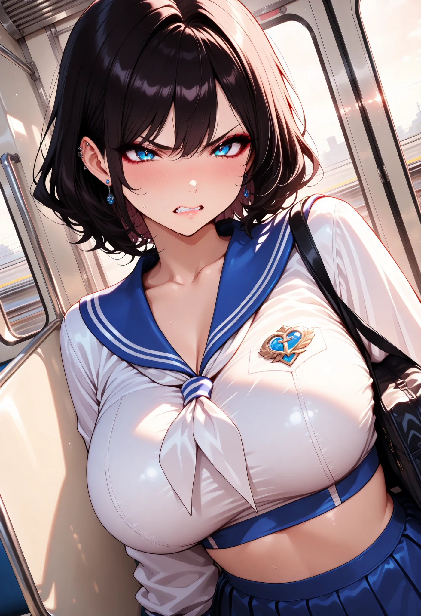 (best quality), (Super detailed), (Best Illustration), (masterpiece), score_9, score_8_up, score_7_up, 4k, (nsfw), high contrast, upper body, (1woman), (solo:1.2),{(white serafuku), (bra lift), (show off breast:1.2), (show off nipples:1.2)}, (large breasts:1.2), {brown hair, (sideburns), (bob cut:1.3), curly hair, hairs between eyes, colored inner hair}, {(detailed eyes), blue eyes}, earring, orgasm, sweat, wind, (train:1.2),