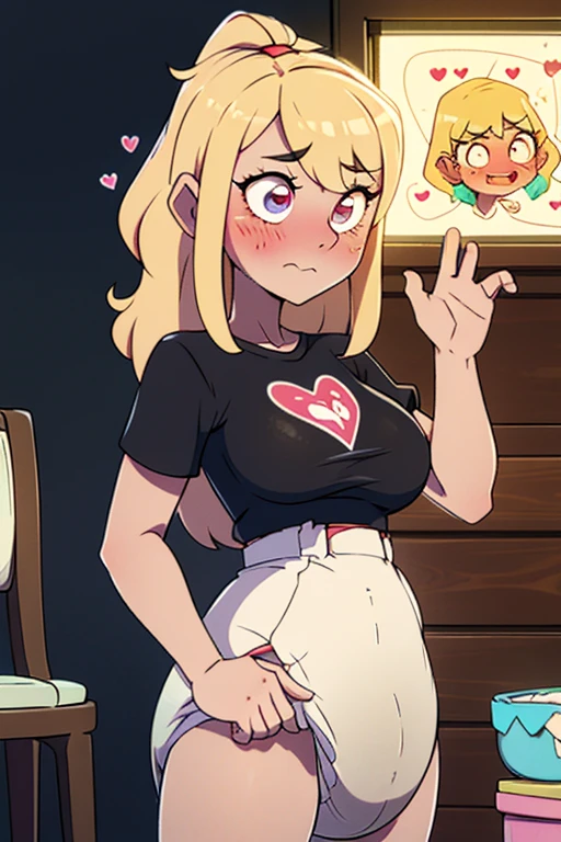 1girl, college girl, hypno walk, colorful, trance, mature female, expressionless, master piece, t shirt, miniskirt, mindless, hypnotized female, open mouth, glowing eyes, (wearing a big bulbous diaper), plastic backed tape diaper, heart emojis, (at a sorority house party), , embarrassed thought emoji, humiliated, giggling girls, beautiful house, sunny windows, campus buildings seen outside, magical, atmospheric, blonde