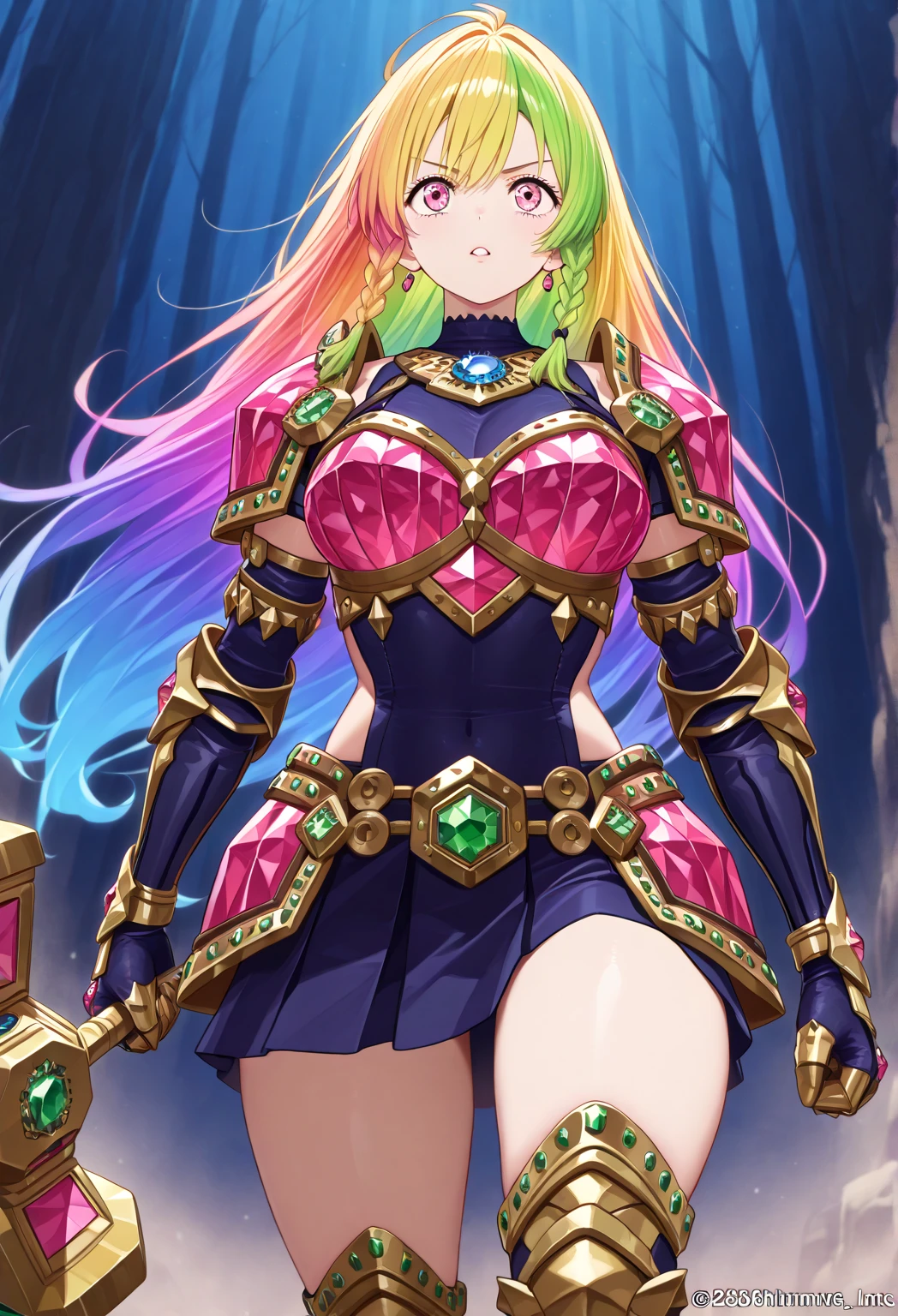 Pink metal bikini armor and helmet、blue eyes、Purple long hair、A muscular woman discovers a treasure chest in a dungeon、smile