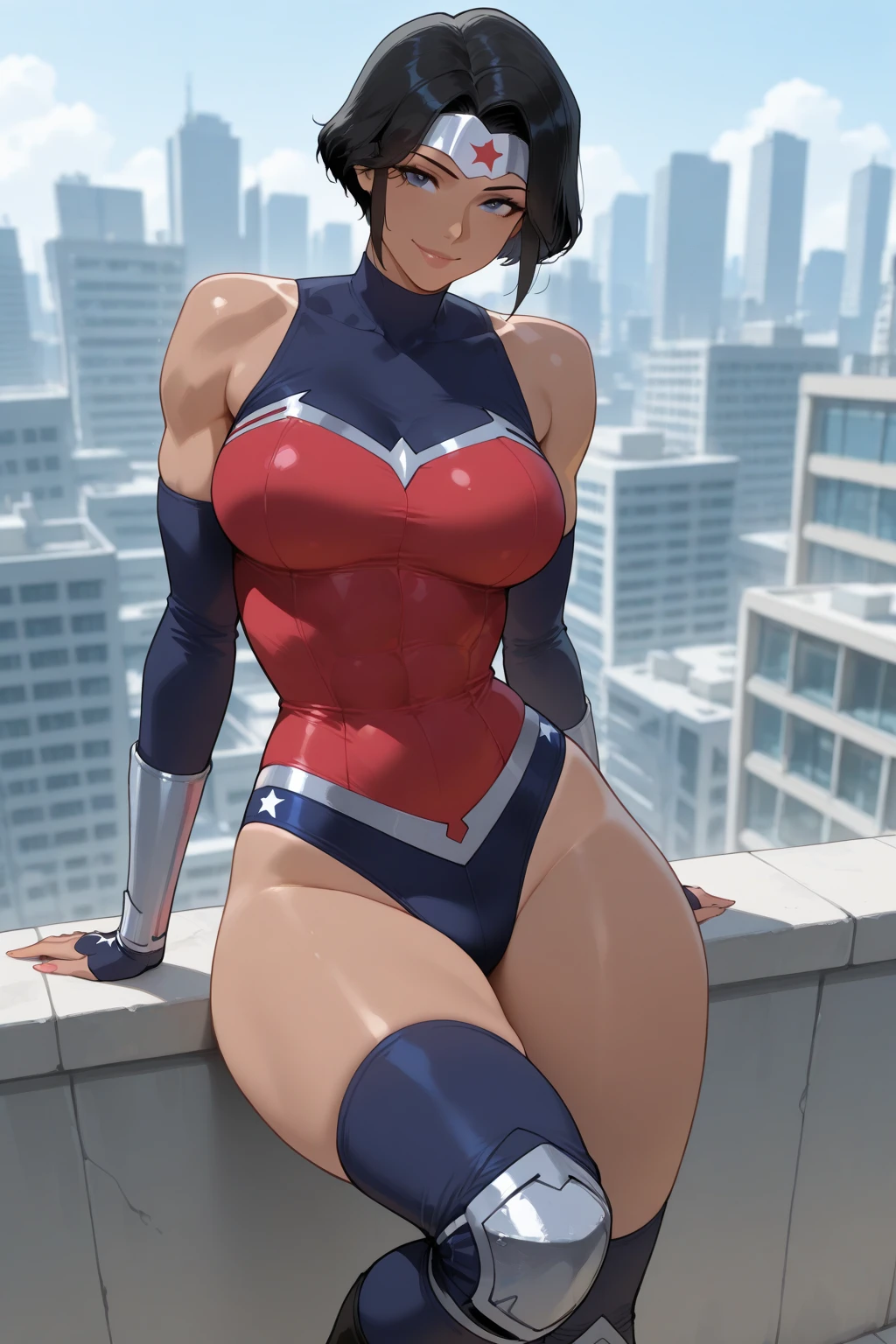 best quality, masterpiece, highres, 1girl, boots, breasts, bracelets, full body with costume, leotard, bare legs, medium breasts, perfect hands, complete fingers, perfect anatomy, perfect proportions, solo, solo focus, superhero girl, beautiful detailed eyes, beautiful detailed face, diffraction spikes, heroic, standing straight, hands on hip, city backdrop
