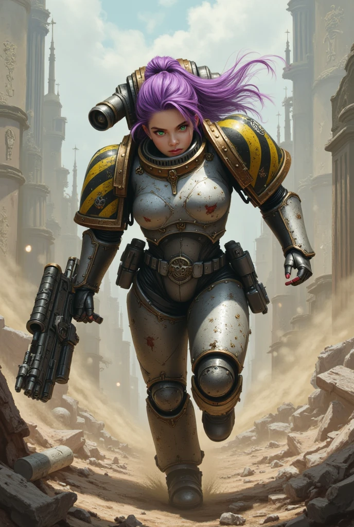 Highly detailed, best quality, masterpiece, official art, highres, absurdres, official art, detailed, cinematic, (mature female), violet braided, mature female, detailed face, detailed eyes, medium breasts, big hips, big thighs, mecha pilot uniform,holding a single m16 rifle in hands,detailed lips, detailed steampunk city with airship in background