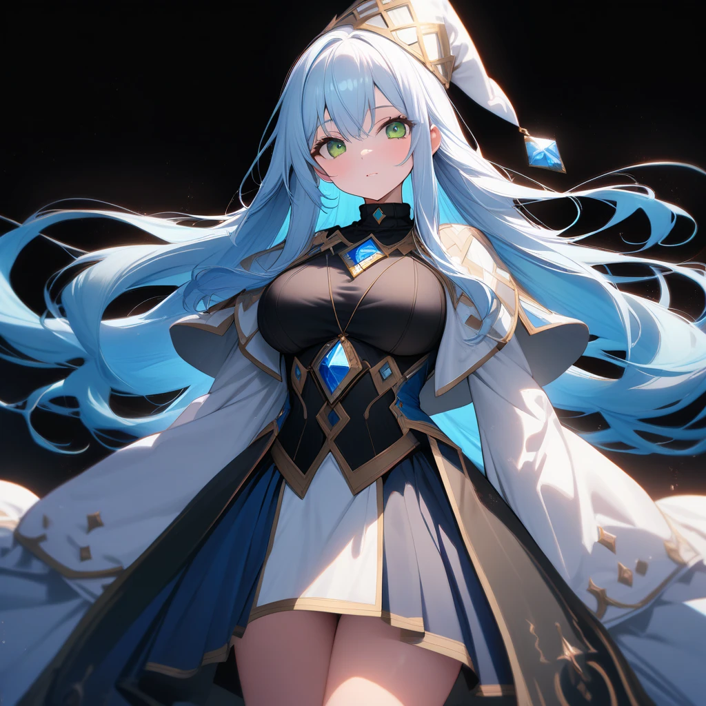 Anime, woman, long hair, pale blue hair, pink eyes, gently, earrings, big boob, wearing a black dress, beautiful, elegant, pure, fantasy, ice, snowflake, snow land, cool, noble, small smiled, fur clothing,