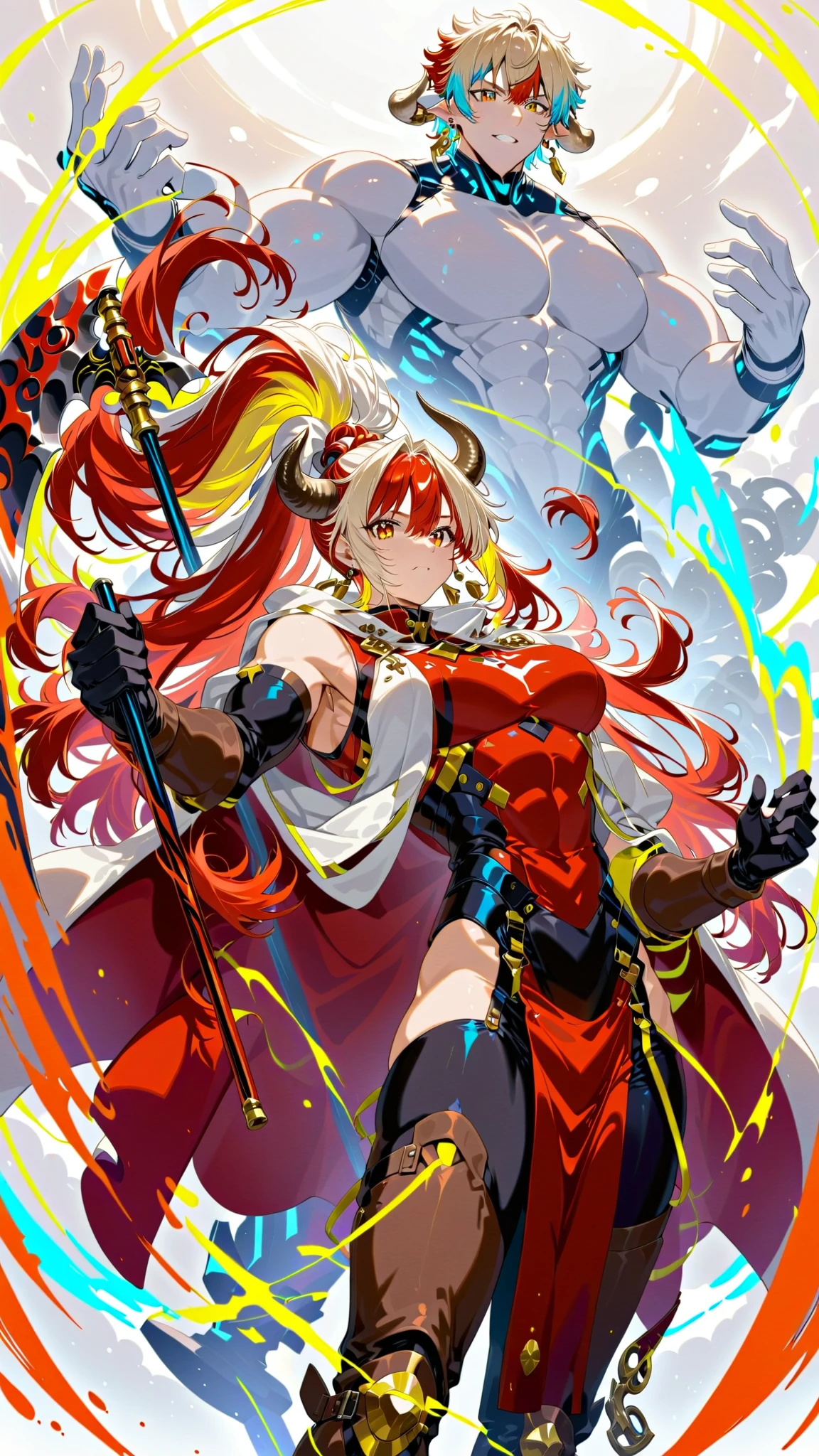 （（Game skin design concept draft）），Graceful posture，（Sexy figure:1.1）,（Wearing a red gold and black horse-faced skirt），Lightweight fabric，Surrounded by floating bluish-gray demonic fire，Feminine expression，