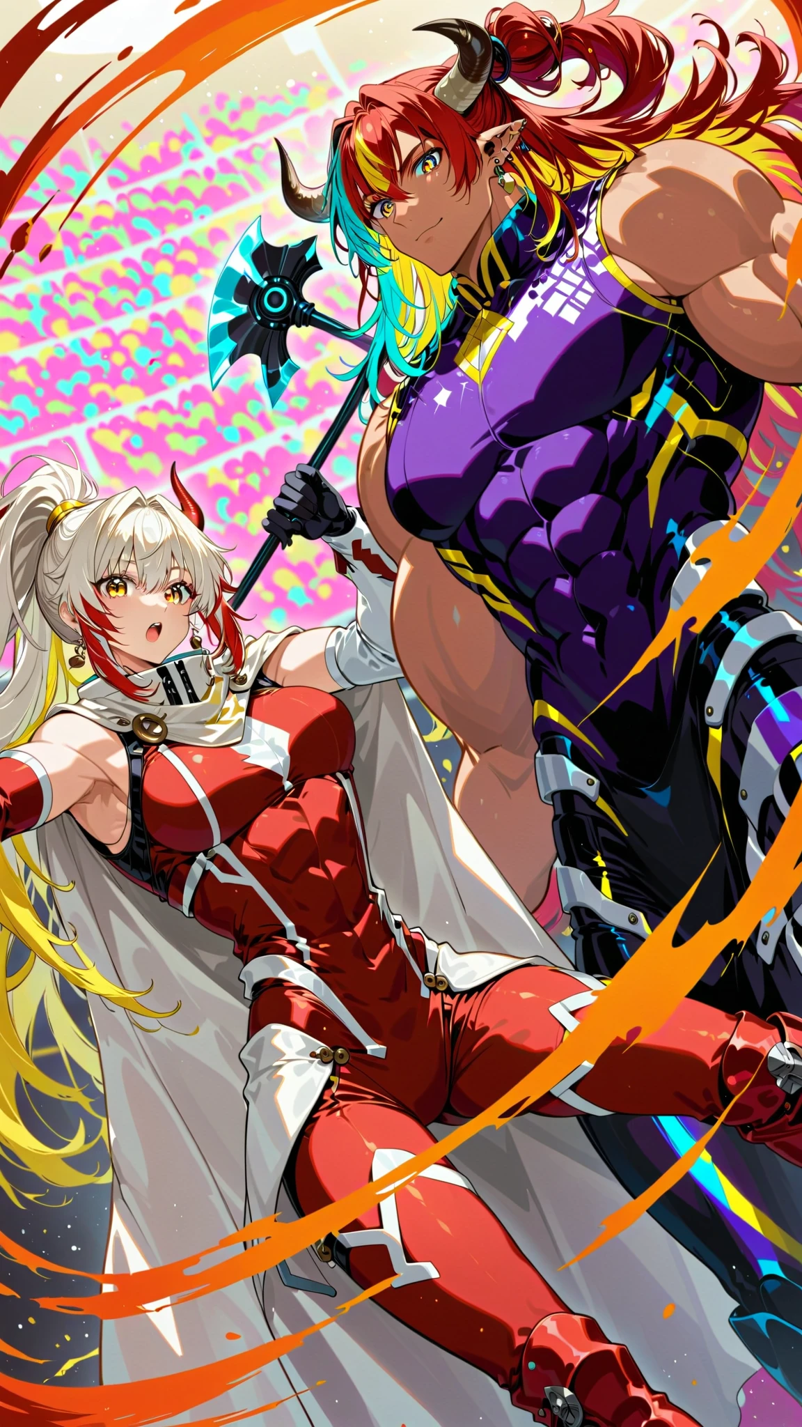 White short haired woman, with yellow eyes, mostrando os peitos, legs open showing pussy, with an angry face and a provocative look, Wearing traditional Chinese imperial clothing in gold and black, with red Hanafuda earrings, with a short red skirt. On your knees in a hotel room bed, with a sunset in the window in the background.
