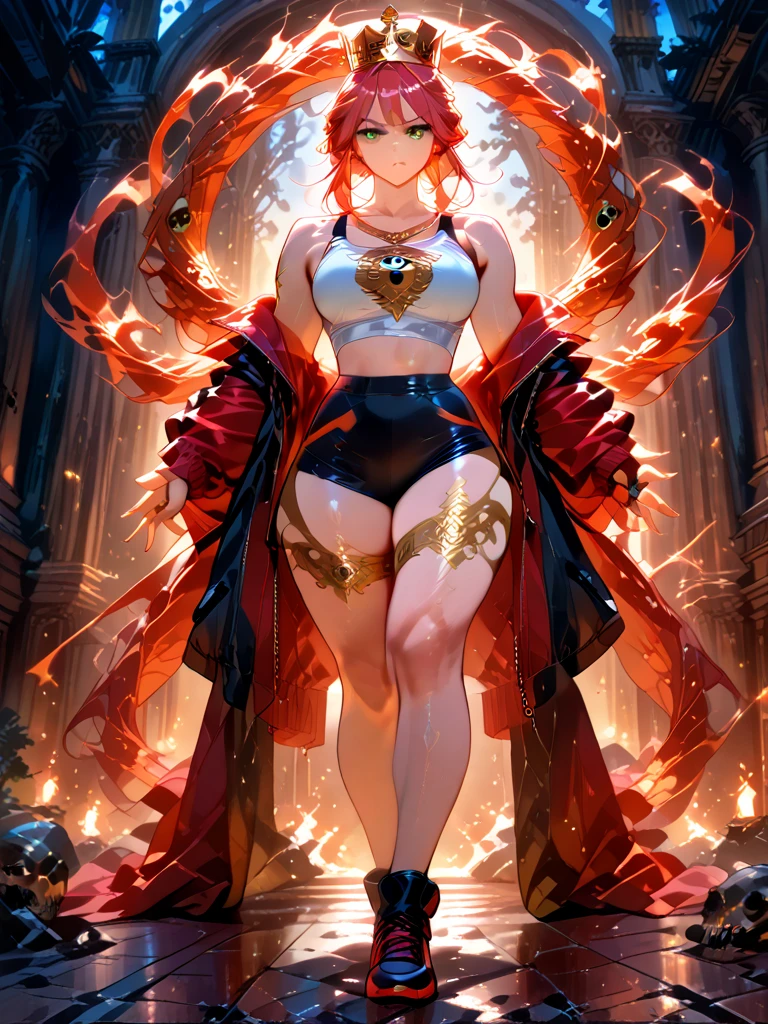 ,Highest quality,Red Hair,White skin,Orange Eyes,Very long hair,Large Breasts,Dragon's Eye,fur,smile,naked,Dragon Horn,Standing with your legs apart,Toned body,slender