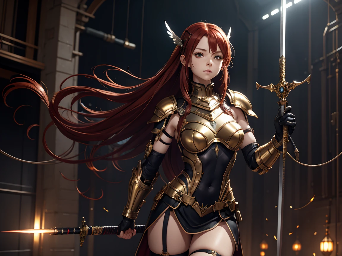 (an artistic photograph of a Raphtalia in her standard armor during a photo shoot),full body shot, centered, (extremely detailed:1.2), (intricate fashion show stage background:1.1), hyper-detailed, (soft lighting:1.2), high resolution, filmic grain, massive breasts with cleavage, sword held in both hands above head,