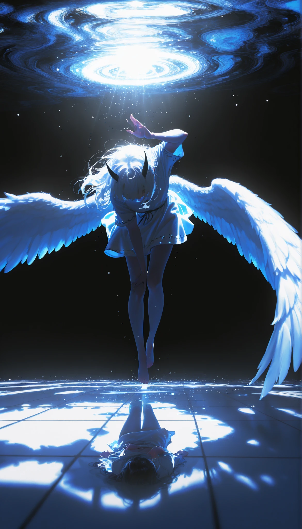 masterpiece,the best quality,NEW ,Absurds,high resolution,(in white on black),black background,white spots,Abstract,drawing with tempera, Artistic,watercolors,stained,shaded on the background,demon woman,Horns,angel wing tunic, ,summary drawing of smoke,imaginary rain,tiles with drops of water,dramatic lighting,cinematic lighting, atmospheric lights, ultra detailed, bloom, dramatic atmosphere, centered, rule of thirds, f/1.4, 6 mm, high angle photo,angel, legs hanging ,Floating