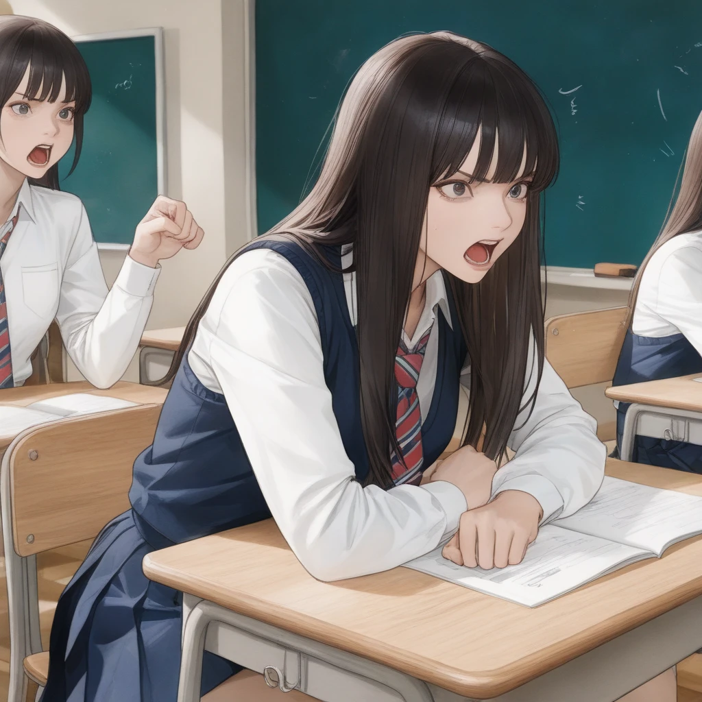 A female high school girl，（Shorn hair），（scissors），the hair，karda，worry，tears，Open your mouth，In the classroom，Lots of students around，Face details
