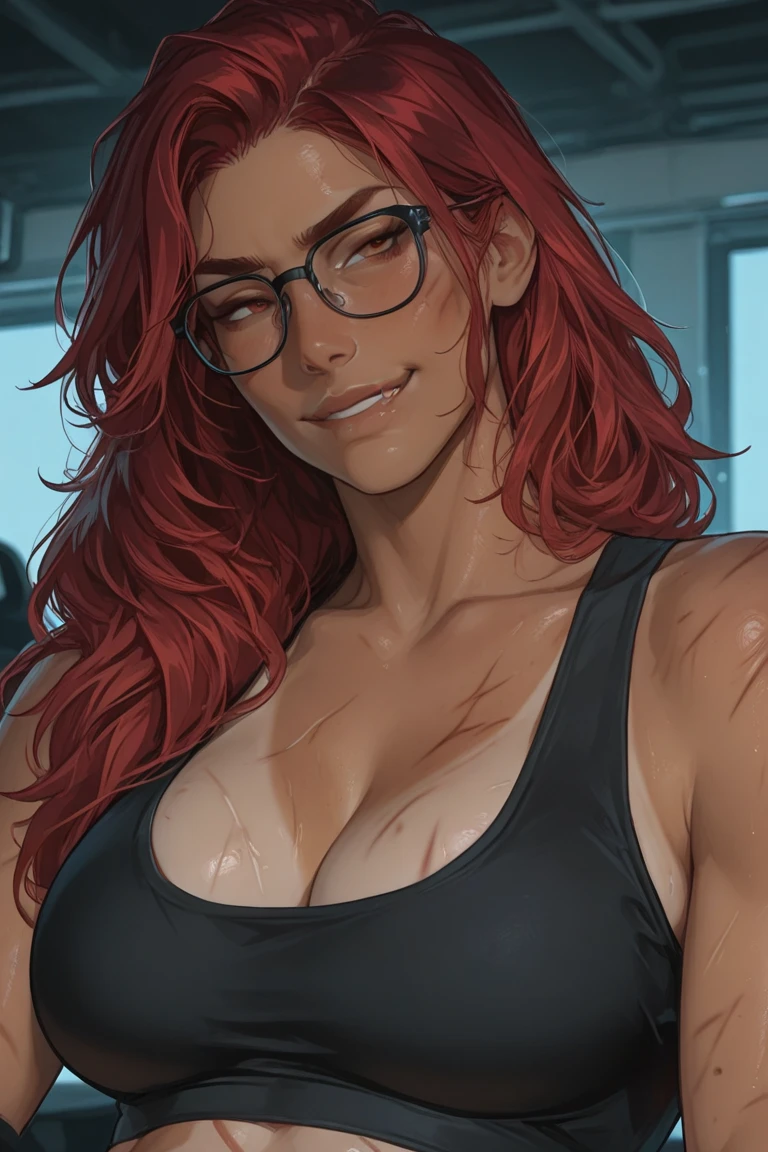 8K,4k,((Mejor calidad, Obra maestra, Ultra high resolution)), Sophie, 30 year old girl, , grandes pechos naturales, cintura estrecha, Caderas anchas, cabello rojo, pelo largo, anteojos, pantalones beige, top corto, camiseta sin mangas blanca, Sin hombreras, escote, Collar, black anteojos, Dark alley, durmiendo en el suelo, durmiendo sobre su espalda , Noche, Ojos cerrados