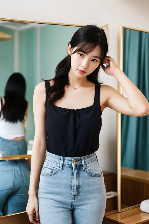 absurdres, RAW photo, extremely delicate and beautiful, masterpiece, Best Quality, ultra high resolution, 32k, hyperrealistic, ultra-detailed, perfect figure, in her 20s, small head, small face, delicate facial features, tearful mole, earring, big breasts, full body shot, medium hair, black hair, sleeveless collared shirt, shorts, bare legs,