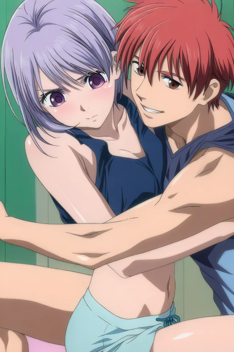 ((anime)) ((my hero academia)) ((attractive)) A young adult boy (( attractive little long reddish hair tied .green eyes.serious look.cross tattoo on neck he is shirtless wearing black shorts barefoot )) lying on a bed hugging a girl (( long light purple hair. violet eyes.lined under the eyes.violet dragon tattoo on neck.serious look with a blush.attractive.Wear black lingerie)) .Sitting on the boy's lap.Elegant room background.