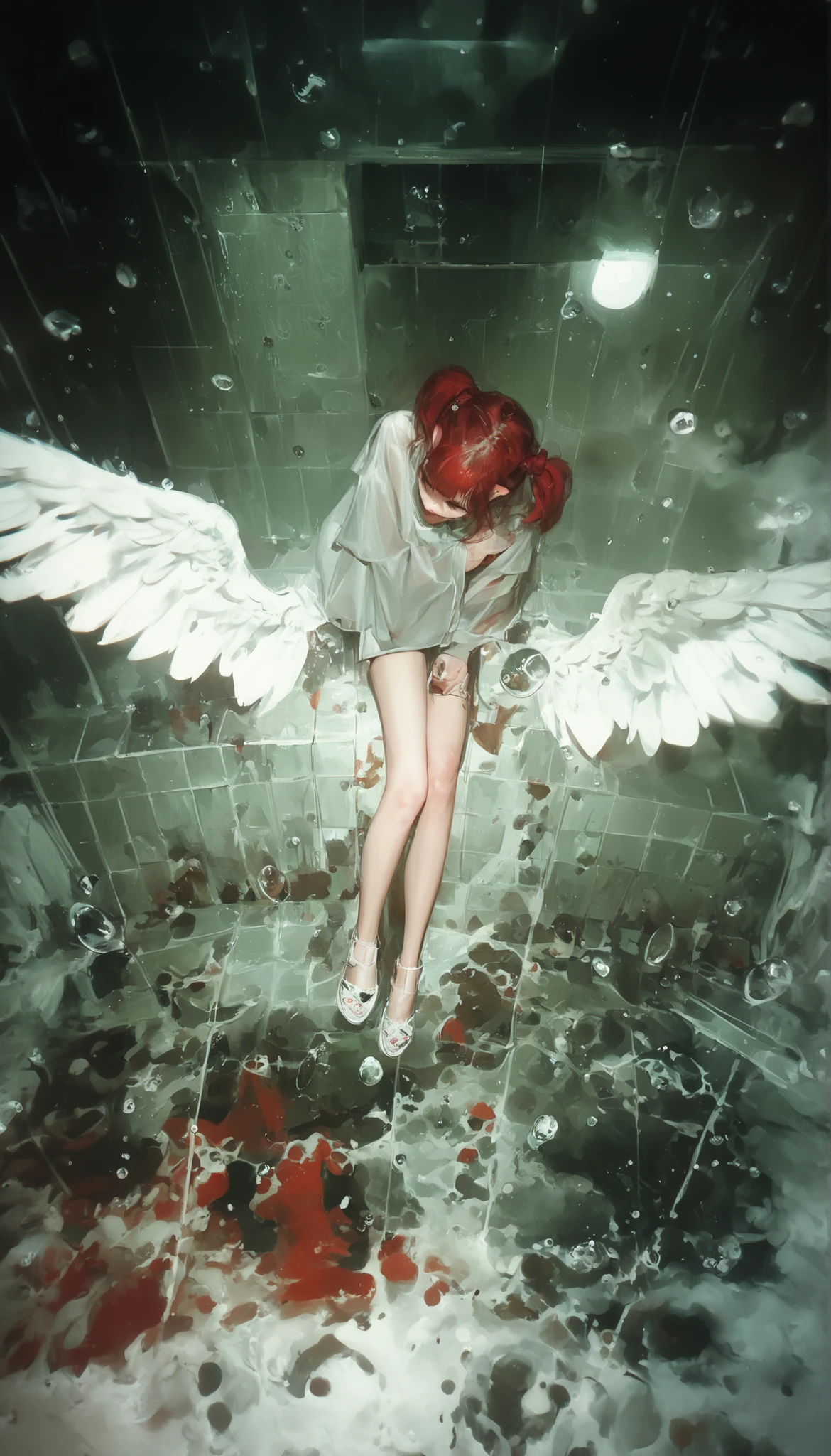 masterpiece,the best quality,NEW ,Absurds,high resolution,(in white on black),black background,white spots,Abstract,drawing with tempera, Artistic,watercolors,stained,shaded on the background,demon woman,Horns,angel wing tunic, ,summary drawing of smoke,imaginary rain,tiles with drops of water,dramatic lighting,cinematic lighting, atmospheric lights, ultra detailed, bloom, dramatic atmosphere, centered, rule of thirds, f/1.4, 6 mm, high angle photo,angel, legs hanging ,Floating