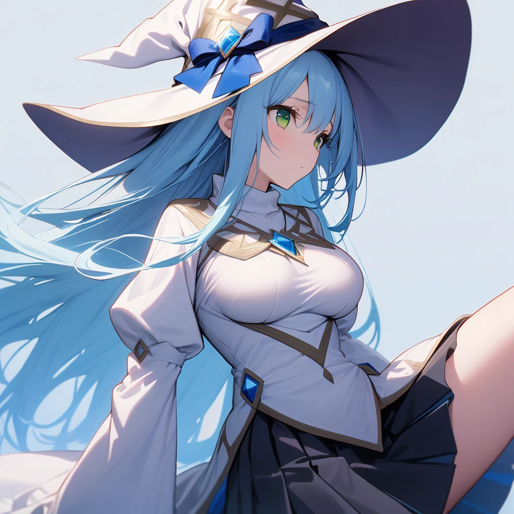 masterpiece, best quality, very aesthetic, absurdres, newest,1girl,naked_shirt, covered_nipples, ,ranni_the_witch, elden_ring, blue_eyes, blue_hair, blue_skin, colored_skin, (4arms:1.2), doll_joints, medium_hair, wavy_hair, white_hat, witch_hat,,,surrounding by flowers,falling_petals, outdoors, petals,