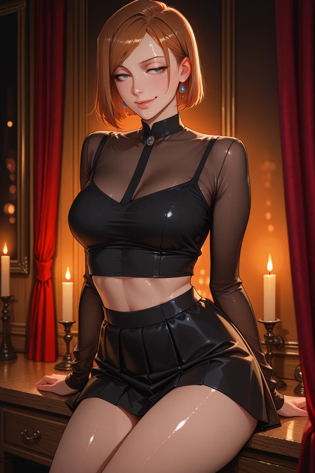 (Realistic:1.2) beautiful goth girl, sensual goth girl, girl short dark red hair, bangs over the forehead, seductive look,  detailed costume, best performance, 16k quality, HDR, RAW photo, gothic sexy woman, beautiful woman, femme fatale, red hair, hot look, seductive look, cute face, flowing black cocktail dress, Speakeasy, gothic sexy woman, slim body , slim body, hot body, big breast, big thigh, thin waist pussy showing, hot chest showing, natural breasts, detailed tits   