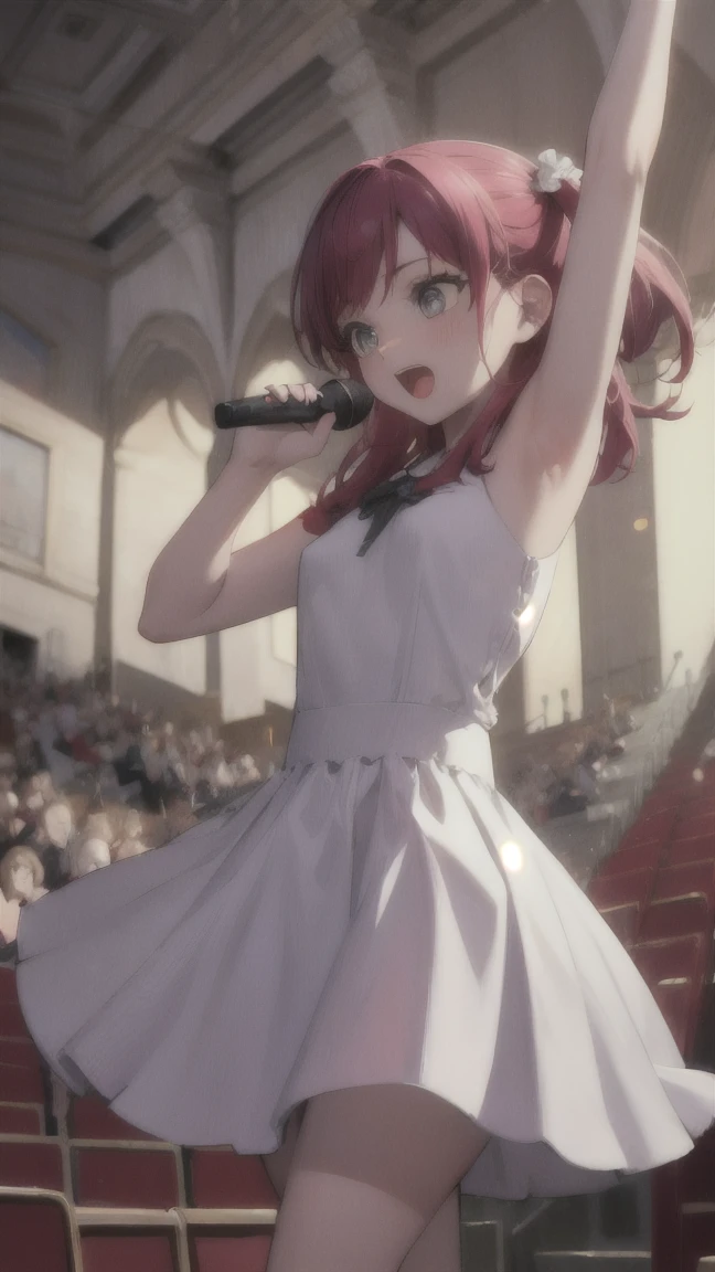 {{{masterpiece}}}, {{{best quality}}}, {{ultra-detailed}}, {illustration}, {{an extremely delicate and beautiful}}, (Best quality, 8k, 32k, Masterpiece, UHD:1.2),Photo of Pretty Japanese idol girl, top quality, best quality, realistic, unity, 8k wallpaper, official art, extremely detailed wallpaper,(3girls:1.5),(wedding dress idol costume:1.2), (sweaty skin:1.3),15yo,Child,(big smile:1.3),(take the spotlight:1.1),(stand microphone:1.5),(sing:1.5),(very short bob hair:1.3), (red hair:1.3),earrings,looking at viewer,(high detailed skin),realistic body,(small breasts:1.4),cute girl, famous japanese idol,(standing),(looking at viewer:1.1),(idle stage :1.5)
