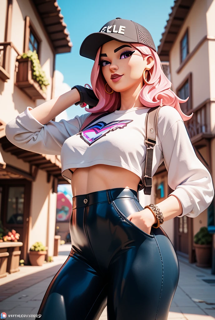 dark blonde、blue eyes、half length、The hair is wavy、Styling hair、Slender but well-proportioned muscles、a smile、wearing a camisole、wear high heel shoes、Wearing low-rise pants，The ground is cobblestone、a smile、Breasts are big、