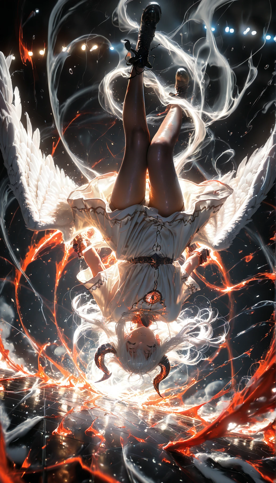 masterpiece,the best quality,NEW ,Absurds,high resolution,(in white on black),black background,white spots,Abstract,drawing with tempera, Artistic,watercolors,stained,shaded on the background,demon woman,Horns,angel wing tunic, ,summary drawing of smoke,imaginary rain,tiles with drops of water,dramatic lighting,cinematic lighting, atmospheric lights, ultra detailed, bloom, dramatic atmosphere, centered, rule of thirds, f/1.4, 6 mm, high angle photo,angel, legs hanging ,Floating