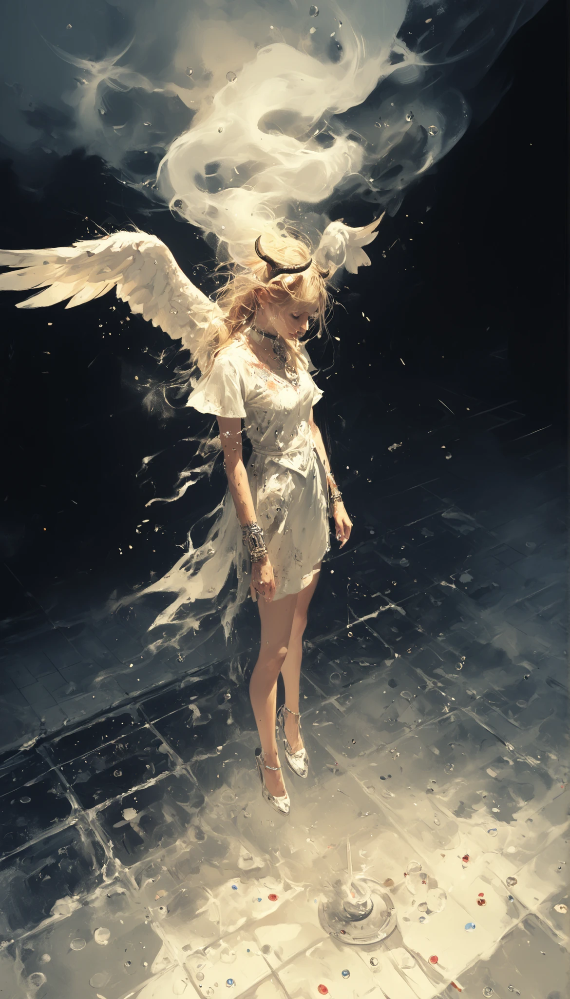 masterpiece,the best quality,NEW ,Absurds,high resolution,(in white on black),black background,white spots,Abstract,drawing with tempera, Artistic,watercolors,stained,shaded on the background,demon woman,Horns,angel wing tunic, ,summary drawing of smoke,imaginary rain,tiles with drops of water,dramatic lighting,cinematic lighting, atmospheric lights, ultra detailed, bloom, dramatic atmosphere, centered, rule of thirds, f/1.4, 6 mm, high angle photo,angel, legs hanging ,Floating
