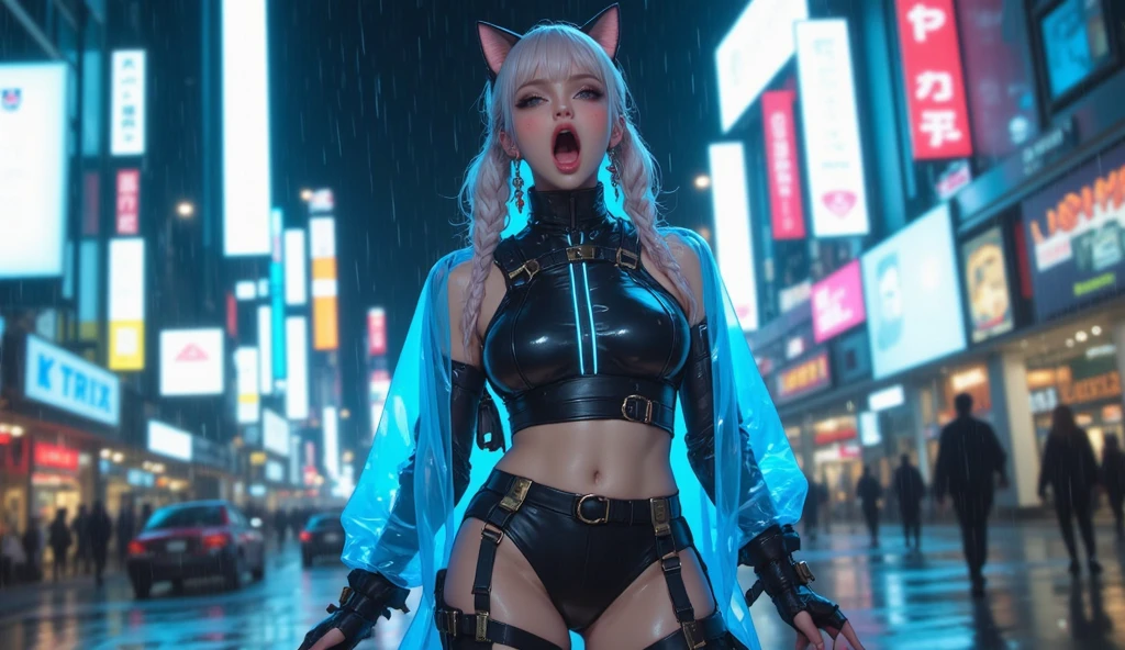 masterpiece, best quality, ultra high res, ultra-detailed, outside a parking, night, beautiful night city landscape, 1 girl, slut, iori, silver hair, red eyes, elf ears, twintail hairstyle, red lipstick, red eyeliner, hairy pubic hair, gigantic tits, giant cleavage, soggy, open leather black jacket, no bra, red straight mini skirt, black fishnet tights, black boots, white high heels, horny, sexy, oily body, (iori is having sex with an old boy ona sport car while having a very horny face and moaning with open mouth and her slutty tongue out dripping saliva: 1.6)