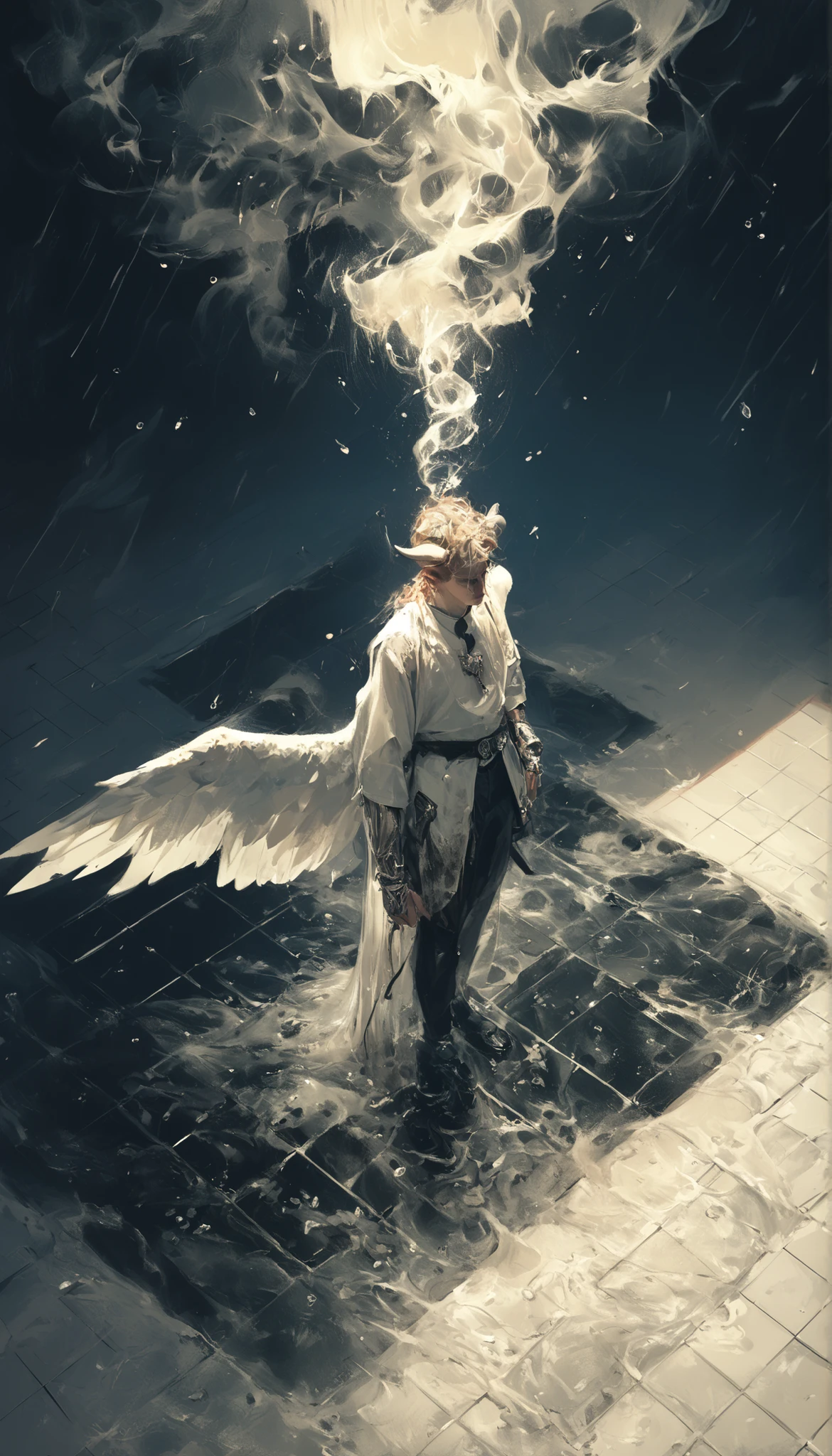 masterpiece,the best quality,NEW ,Absurds,high resolution,(in white on black),black background,white spots,Abstract,drawing with tempera, Artistic,watercolors,stained,shaded on the background,demon woman,Horns,angel wing tunic, ,summary drawing of smoke,imaginary rain,tiles with drops of water,dramatic lighting,cinematic lighting, atmospheric lights, ultra detailed, bloom, dramatic atmosphere, centered, rule of thirds, f/1.4, 6 mm, high angle photo,angel, legs hanging ,Floating
