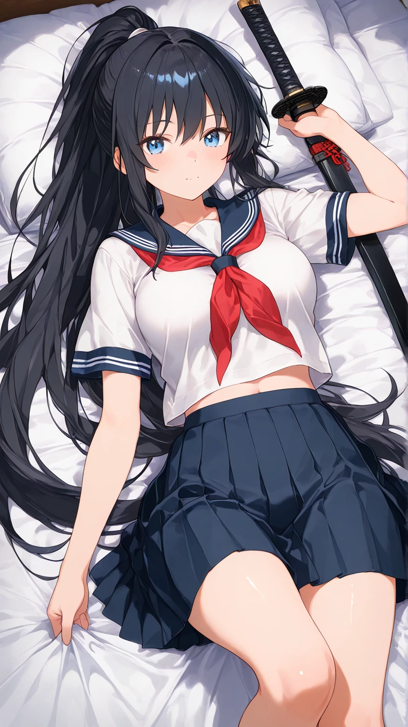 masterpiece,Highest quality,High resolution,shape,Very detailed,8k wallpaper,Ray Tracing,girl,(Black Hair:1.1),((Long Hair:1.1)),(Black Eye 1:1.1),Straight hair,Medium Chest,((embarrassing 1:1.3)),((Female organ 1:1.3)),((white short sleeve sailor uniform:1.2)),locker room,School Swimsuit,Lie down