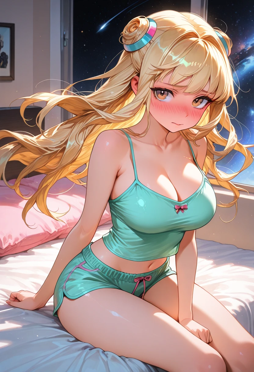masterpiece, best quality, highres, aaema, long hair, gradient hair, hair ornament, {Ema Aizawa|VSPO}, wedding dress, white dress, on bed, standing, confetti, smile, Embarrassing, exposure, boobs, big boobs, pussy, broken wedding dress, torn wedding dress,side，naked, lying on bed, sex，piece