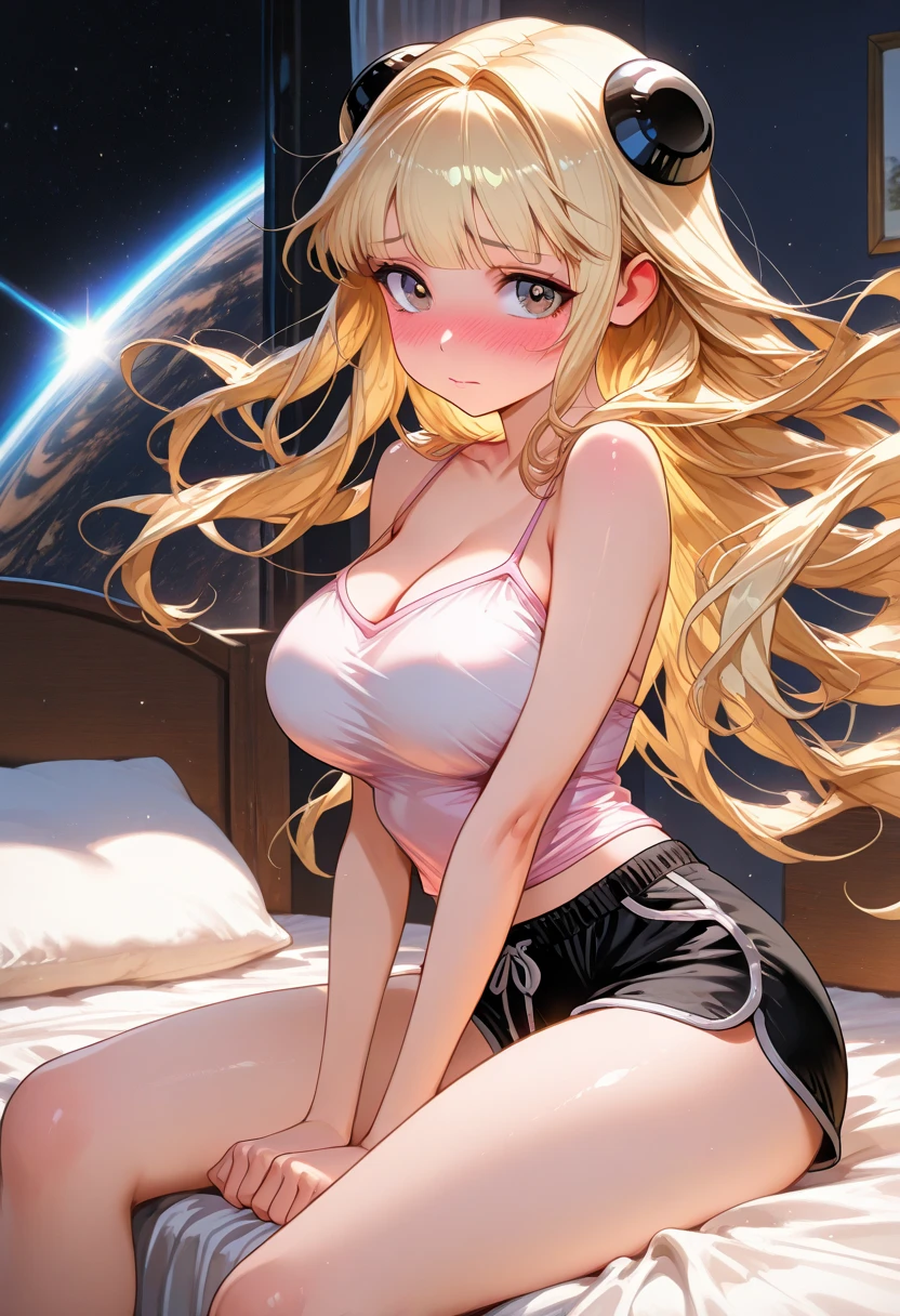 masterpiece, best quality, finely detailed, 1girl, (blonde), (bishoujo), cute, (green eyes), (eyelashes), (huge breasts), (cleavage), (white shirt:1.2), (open shirt), sitting on a sofa, lamp, window, night, delicate interior design,