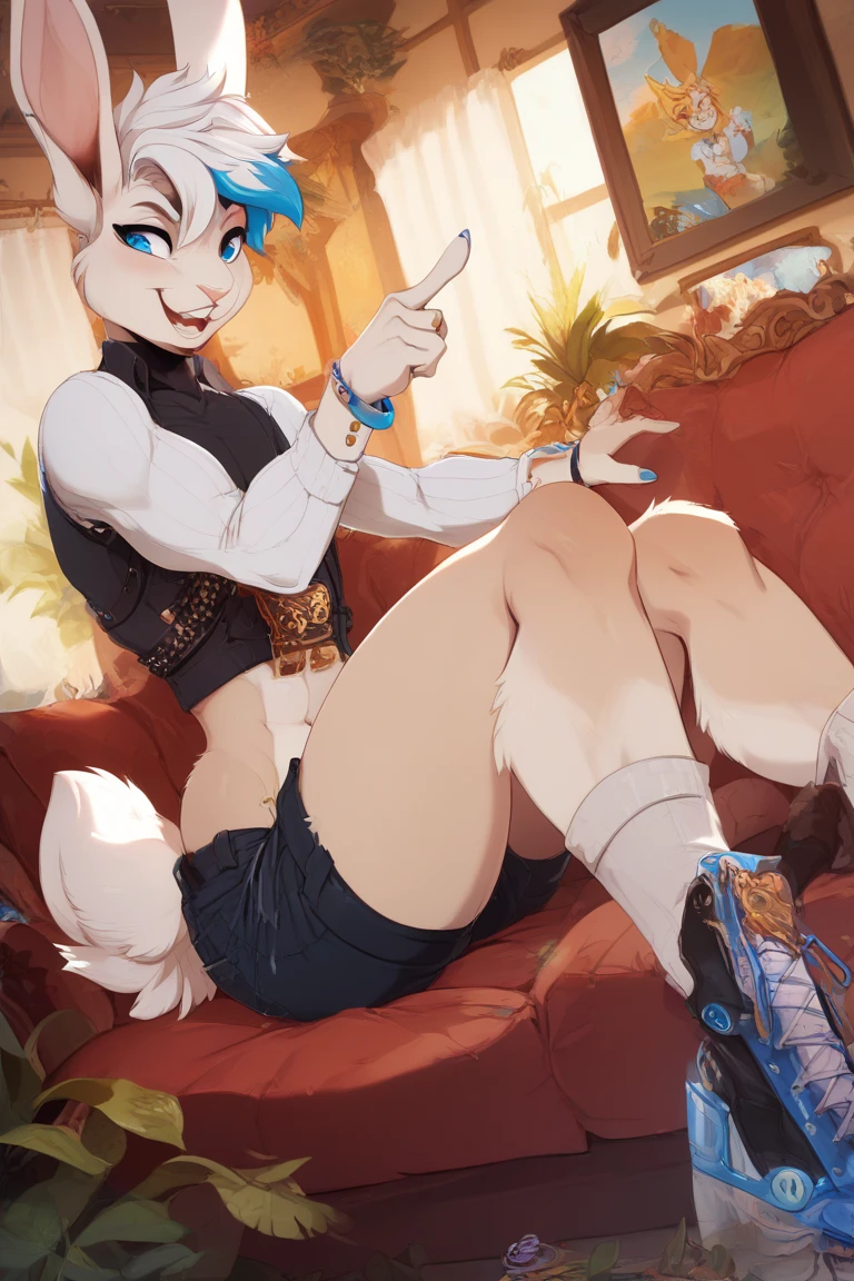 [Purahtotk], [Purah], [legend of zelda Tears of the Kingdom], [Uploaded to e621.net; (Pixelsketcher), (wamudraws)], ((asterpiece)), ((HD)), ((high res)), ((solo portrait)), ((bird's-eye view)), ((ass focus)), ((feet visible)), ((furry; anthro)), ((detailed fur)), ((detailed shading)), ((beautiful render art)), {anthro; (slim figure), white fur, black nose, (cute red eyes), (white hair), fluffy tail, (camel toe), (curvy hips), (detailed legs), (beautiful legs), (beautiful feet), (sexy toes), (blushing), (cute frown), (surprised expression)}, {(red ribbon in hair), (red glasses, hair ornament, white jacket, sleeveless shirt, black skirt, orange leggings, high heels)}, {(on bed), (missionary position), (spread toes), (nervous demeanor), (arms behind back), (looking at viewer)}, [background; (bedroom), (window), (blue sky), (sun rays), (ambient lighting)]