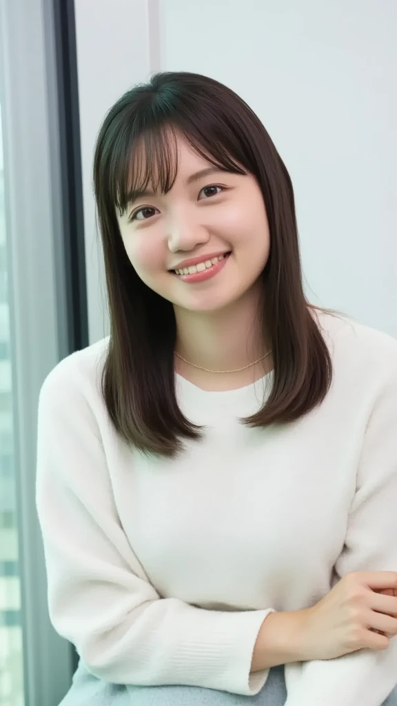 Best Quality, 8k, Masterpiece, (Portrait: 1.3), (photo realistic:1.4), (hyper realistic:1.4), Sharp Focus, looking at viewer, (smoother lighting:1.1), (increase cinematic lighting quality:0.9), realistic lighting, backlighting, light on face, ray trace, (brightening light:1.2), (Increase quality:1.4), sharp detail, (best quality real texture skin:1.4), finely detailed eyes, black_eyes, finely detailed face, 25 year old Korean woman,smiling_face