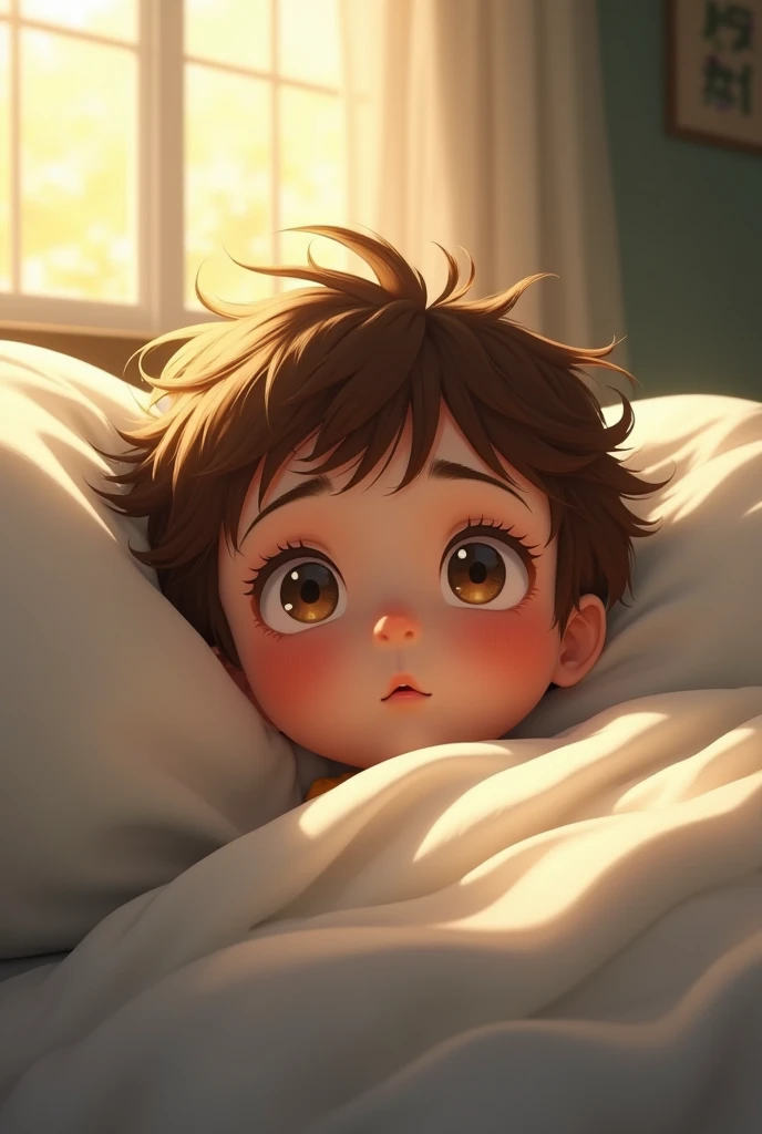 4 year old boy lying in bed, sick
