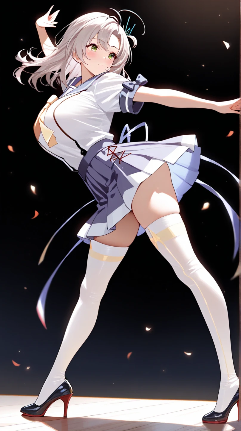 1girll, 独奏, White polo shirt, White high heels, Black mesh stockings, white mini-skirt, tmasterpiece, Best quality at best, realisticlying, ultra - detailed, (shiny skins, perspired:1.4), absurderes, looking at viewert, with short black hair, with brown eye,slenderness,Dynamic light and shadow,A high resolution,Sharp focus,depth of fields,The eyes are delicate,Sharp pupils,pupil realistic,(Bigchest:1.6),(Thigh thick:1.0),exteriors,Skysky