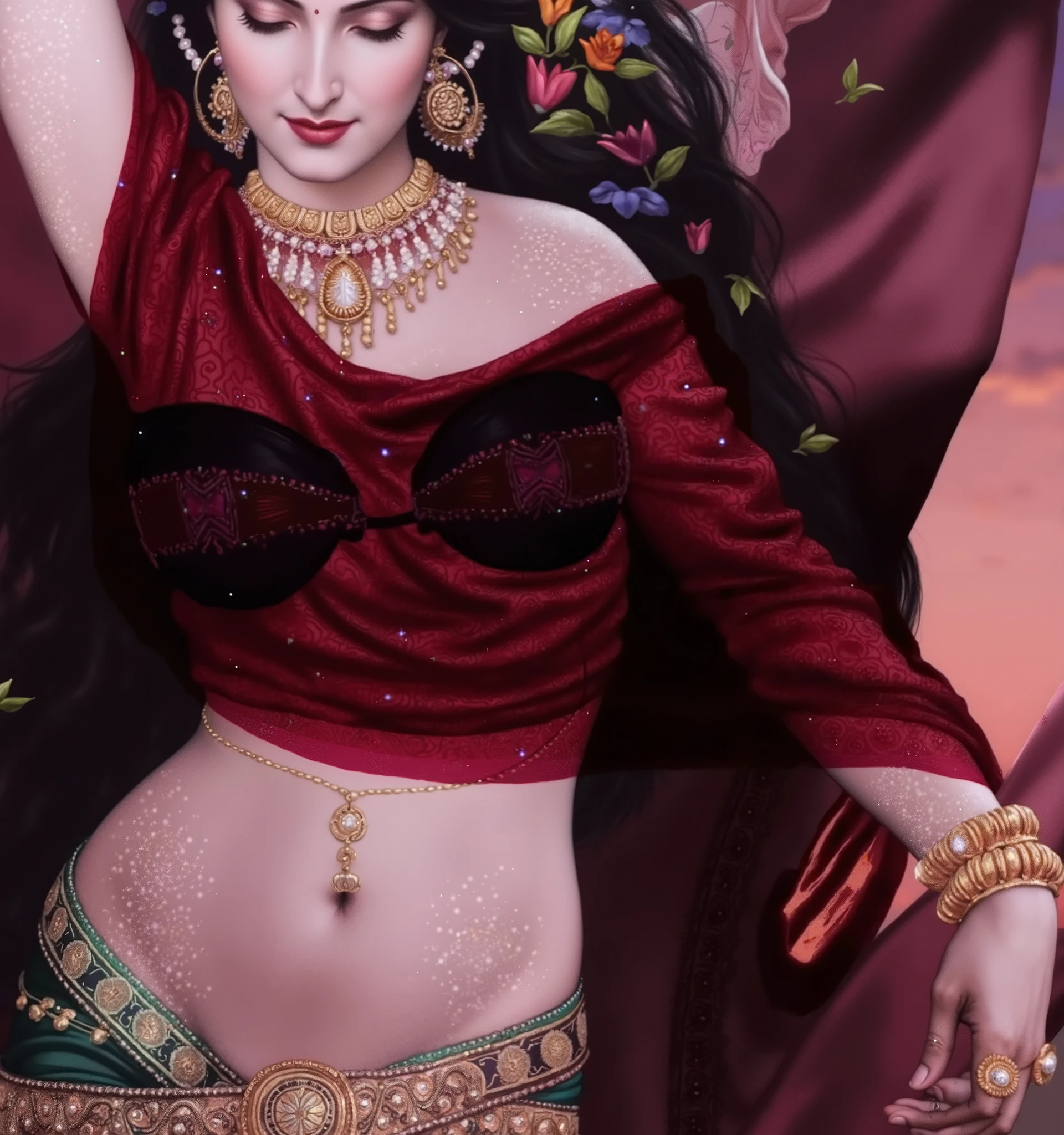 A beautiful Indian woman depicted in a classical yet sensual pose, inspired by Raja Ravi Varma's aesthetics blended with digital realism. She raises one arm gracefully above her head, her expression serene and divine, eyes closed in blissful elegance. Her long, dark wavy hair cascades behind her, adorned with colorful fresh flowers—roses, lilies, and marigolds. She wears a deep wine-colored, semi-transparent silk blouse (choli), artfully draped to reveal a richly embroidered green and maroon traditional bra with golden chains delicately hanging down. The blouse is tight-fitting, textured with intricate gold threadwork above the blouse a transparent fabric covering her chest. Her skin glows with a soft, luminous sheen, delicately decorated with fine, henna-like shimmer patterns on her belly and arms. She wears elaborate South Indian temple jewelry: layered golden necklaces with intricate filigree, large circular earrings, a nath (nose ring), armlets, and bangles. A thin gold kamarbandh (waist chain) encircles her bare waist. The lower part of her saree, in muted teal and gold brocade, flows gracefully off-frame. The background is a romantic twilight gradient of dusky pinks and purples, with flowing maroon fabric and scattered flower petals suspended in air, creating a dreamy, ethereal ambiance