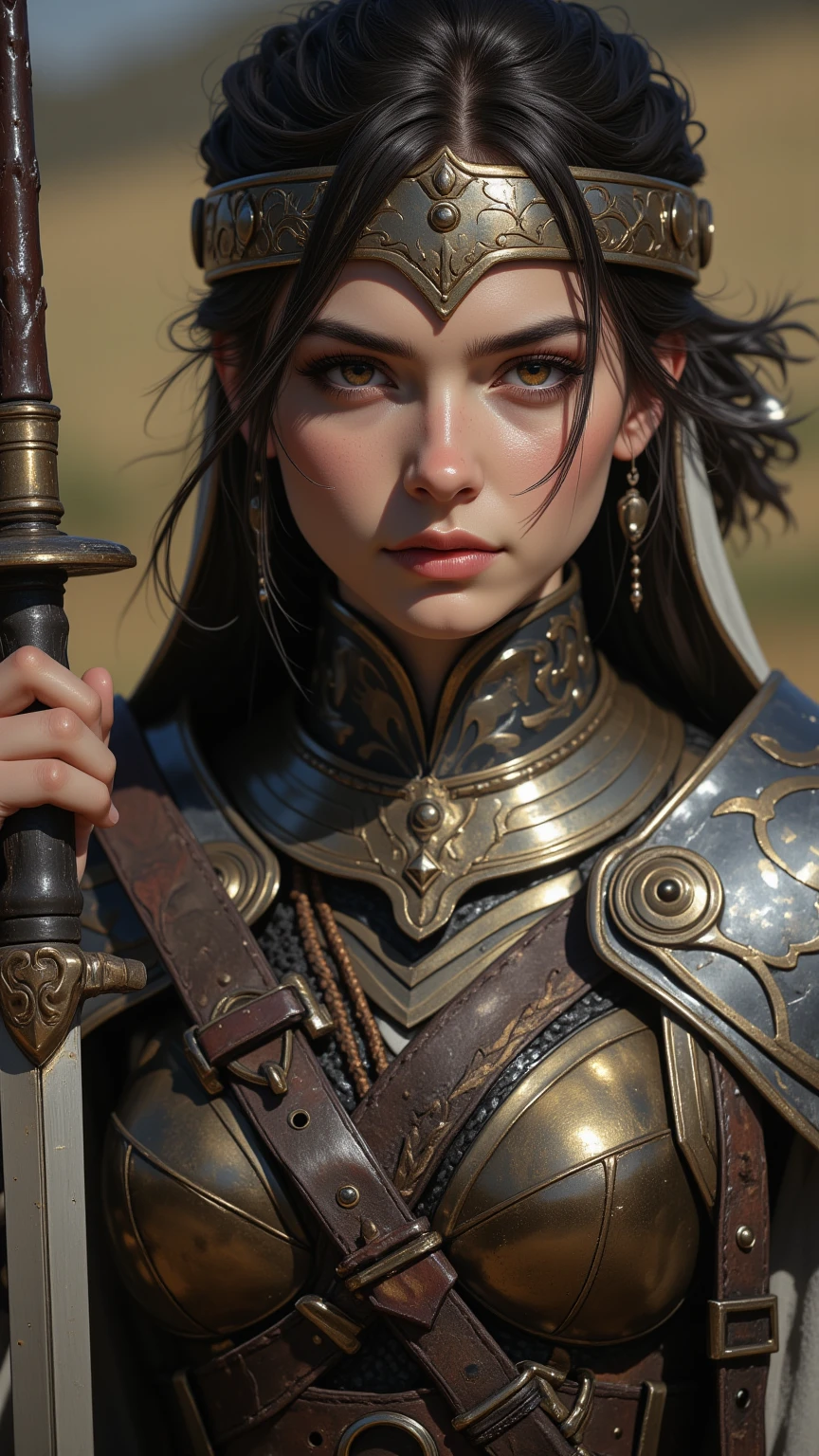 (masterpiece), (extremely intricate:1.3), (realistic), portrait of a girl, the most beautiful in the world, (medieval armor), metal reflections, upper body, outdoors, intense sunlight, far away castle, professional photograph of a stunning woman detailed, sharp focus, dramatic, award winning, cinematic lighting, octane render unreal engine, volumetrics dtx, (film grain, blurry background, blurry foreground, bokeh, depth of field, sunset, motion blur:1.3), chainmail