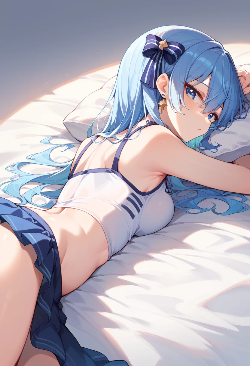 Create an illustration of Ayaka Kamisato, a character from the game Genshin Impact. She must be lying on a bed with a naughty expression. Ayaka has long silver hair tied in a high ponytail., His eyes are big and blue, she must be wearing only panties and bra and in a sexy pose. 
The scene must be vibrant and full of details.