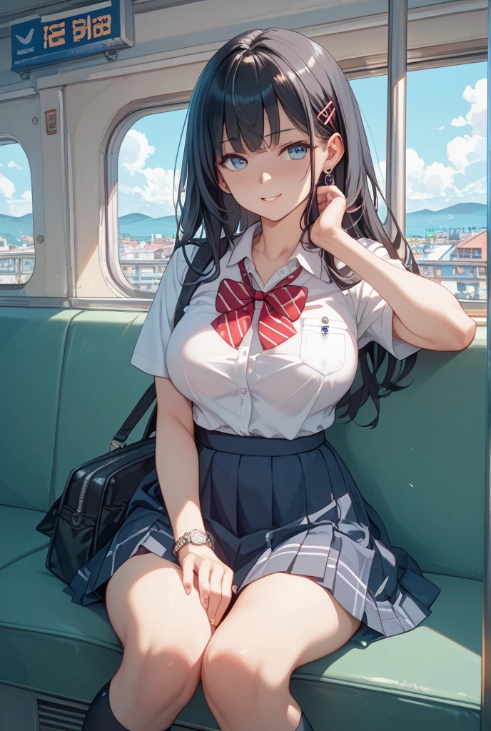 NSFW,4K,Gal:1.3,Anatomically correct,school uniform:1.3,A pure and innocent girl, Very cute face, Like an idol, (masterpiece:1.2), (high quality), panties, loose socks, Hip, Blue Skirt, alone, Blazer Type, loose socks, Lifting clothes, Brown eyes, pure gaze, mini skirt, Lift yourself up, Check skirt, blush,((Mid-chest)), (Sweating profusely), Long Hair, physical education, Beautiful legs, ((in the train))