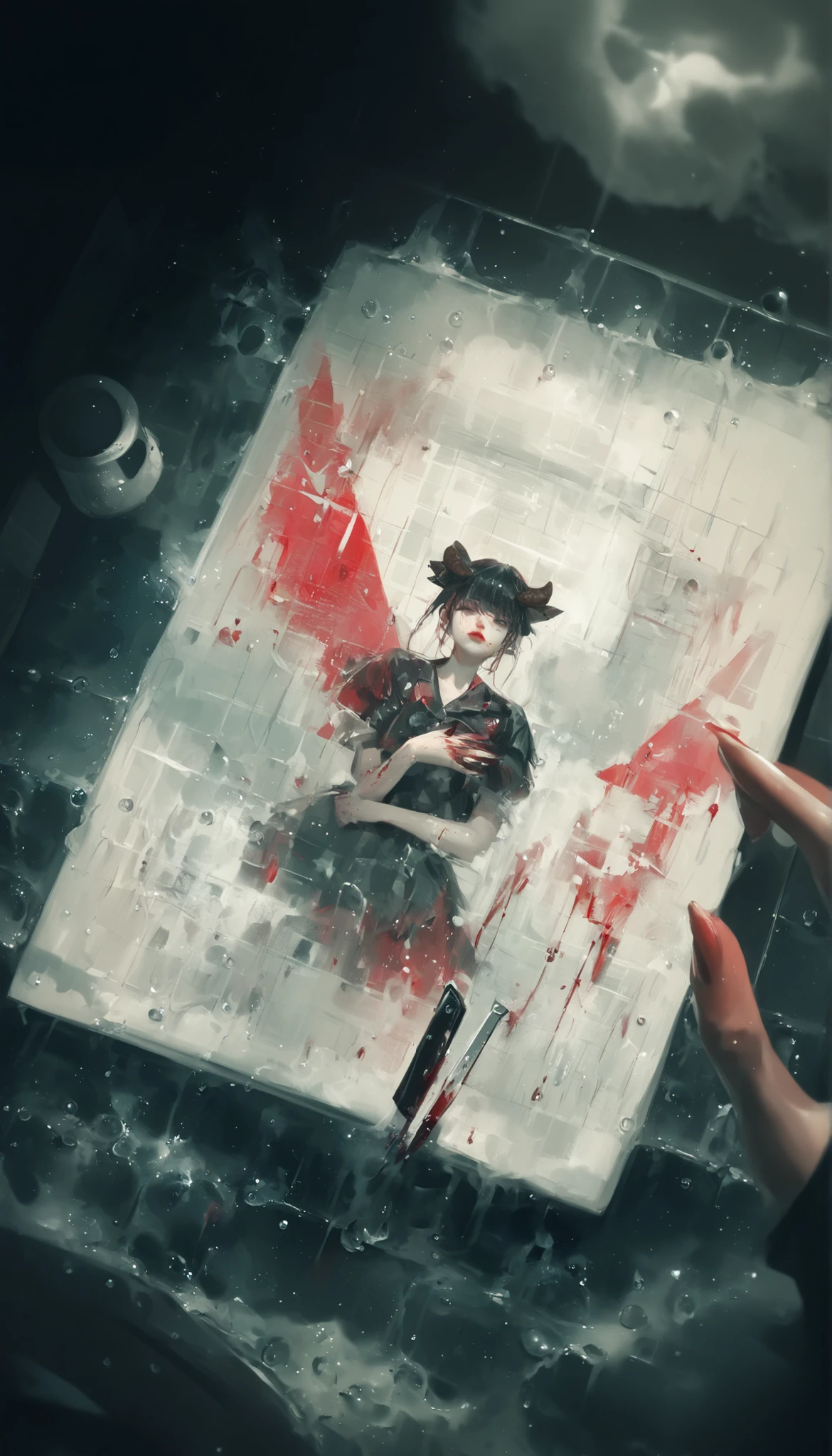 masterpiece,the best quality,NEW ,Absurds,high resolution,(in white on black),black background,white spots,Abstract,drawing with tempera, Artistic,watercolors,stained,shaded on the background,demon woman,Horns,angel wing tunic, ,summary drawing of smoke,imaginary rain,tiles with drops of water,dramatic lighting,cinematic lighting, atmospheric lights, ultra detailed, bloom, dramatic atmosphere, centered, rule of thirds, f/1.4, 6 mm, high angle photo,angel,Floating,bathroom,knife on the floor,blood,red lips