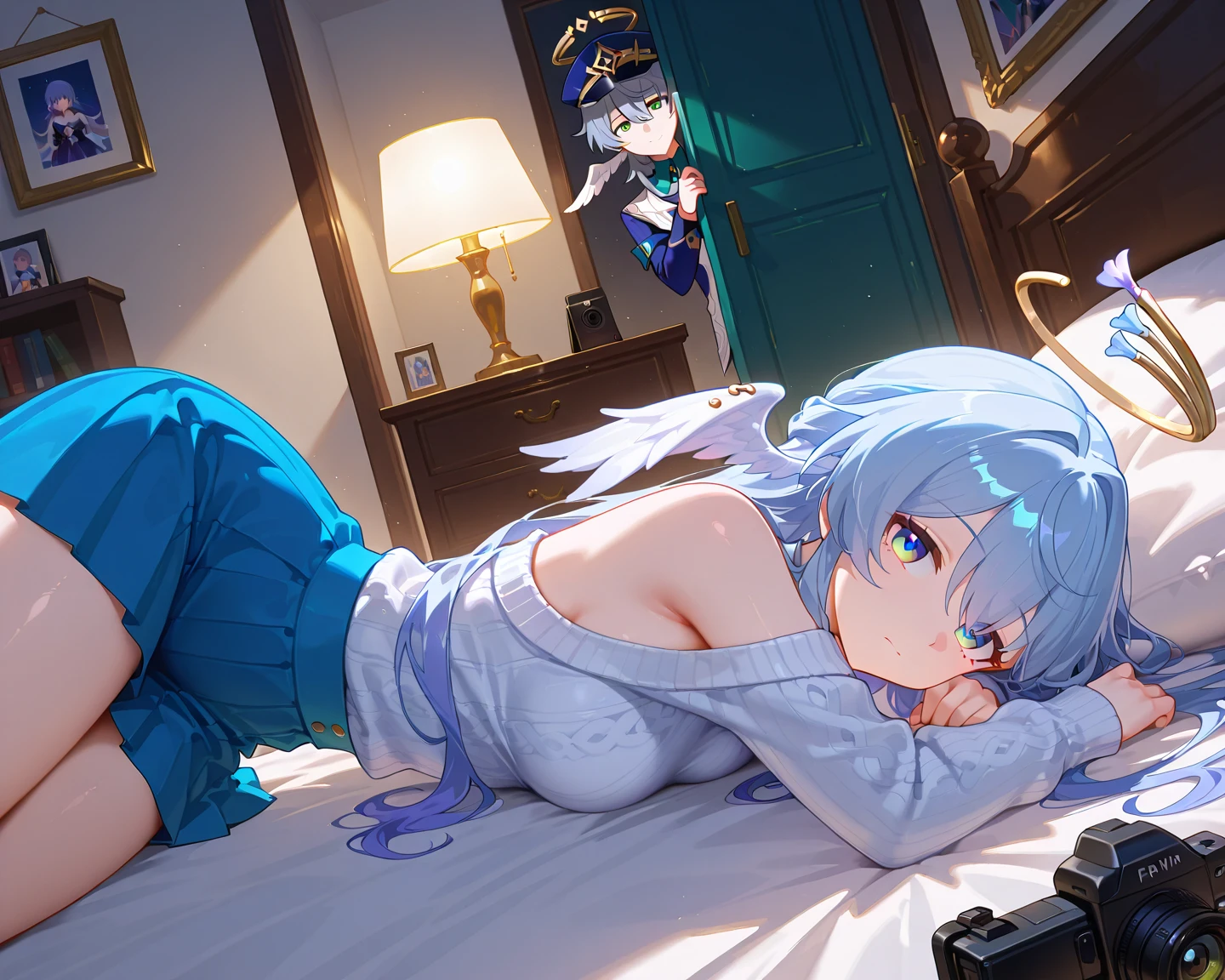 8k,Highest quality,masterpiece, Highest quality, High resolution,  1 person, alone,Rizeheruesta,Blue hair inside,White Hair,Long Hair,hair ornaments,Single socks, Thigh straps, bracelet, button, Single knee-high,uniform,White clothes, Cowboy Shot, Perfect Fingers, Downward,（weak） ,NSFW Dogeza,naked,