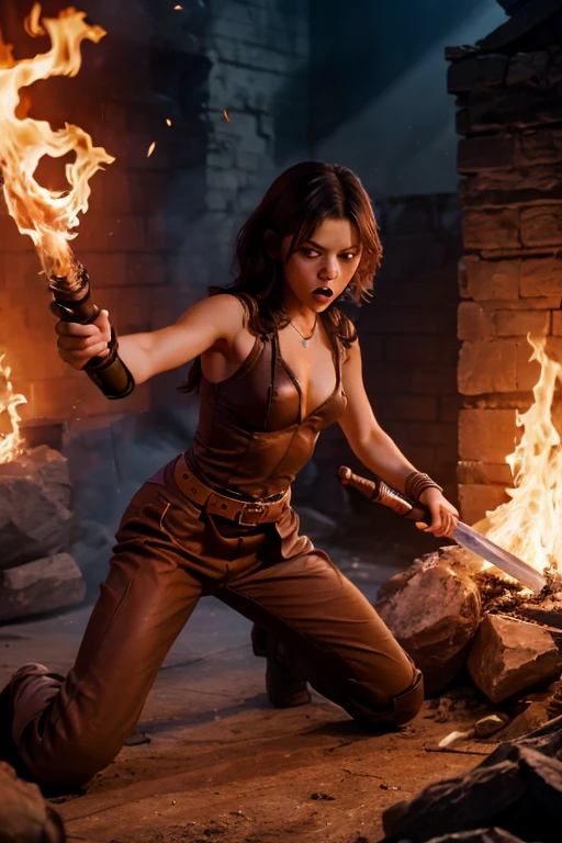 (full body shot:1) photorealistic image of a (jumping pose:1) ultrarealistic, photography, long red hair, woman, 24 years old, hourglass figure, perfect body, Flirty look, natural medium breasts, blur background, Full body picture, Lara Croft costume with slightly shiny tanned skin dressed in a Lara Croft outfit, with a very ripped and torn blouse with a plunging neckline, pushed down over her right shoulder; stands in a dark room lit with flickering torches on the inside of a large Egyptian pyramid. Her skin and clothes are dirty with mud. A large dark menacing shadow moves in the background. She is jumping over a deep Abyss to the other side. Sideview, side view