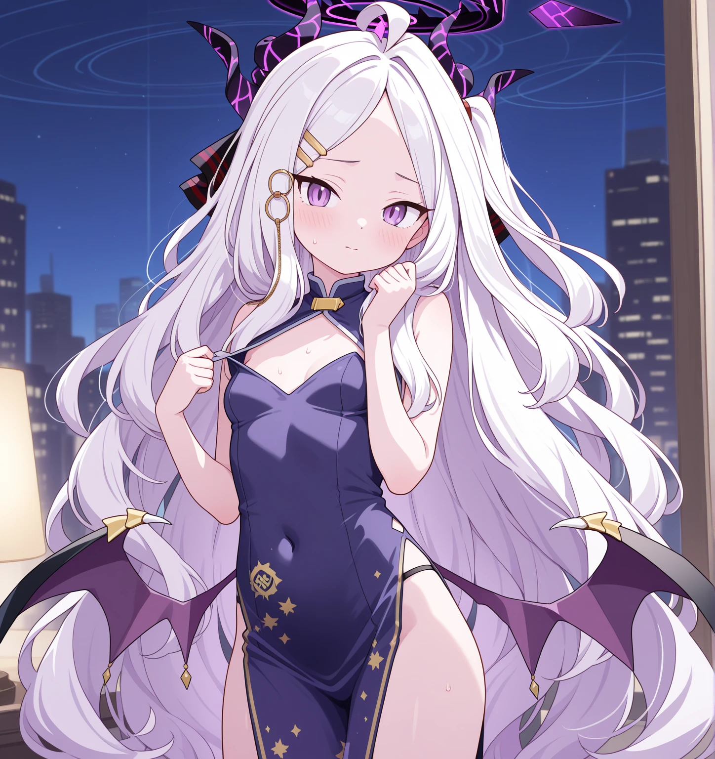 anime female demon with purple skin, long white hair, blue and amber eyes, and demon horns
