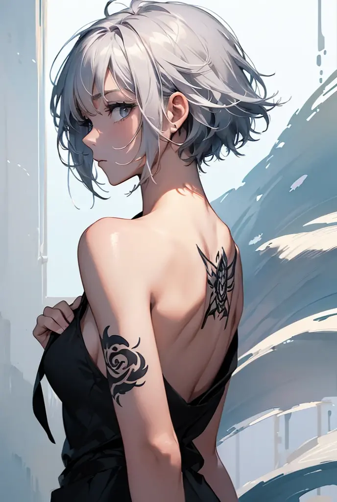 (Image from chest up:1.4)((masterpiece:1.5,Highest quality,Beautiful images、Sketch、2.5D、Ink Painting、Abstract、Artistic、Portraiture))(1girl, 独奏)(medium breasts, Silver Hair、short hair、sideboob、Exposing shoulders、Tattoo on shoulder)(横顔のPortraiture,Gaze sideways、Gaze diagonally、Shake your head、A sad expression, floating hair)(モノトーンのAbstractな背景)((from backside:1.3)),Landscape