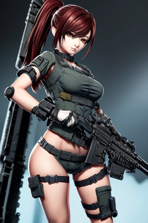 Eve, Stellar Blade, big breast, thicc thighs, curvy, 1girl,solo,heavy makeup,cute,earrings,ring braid,(lewd smile:1.1),holding submachine gun,ponytail,idol,hooker,military uniform,(battleground:1.1), showing back, big buttocks, 