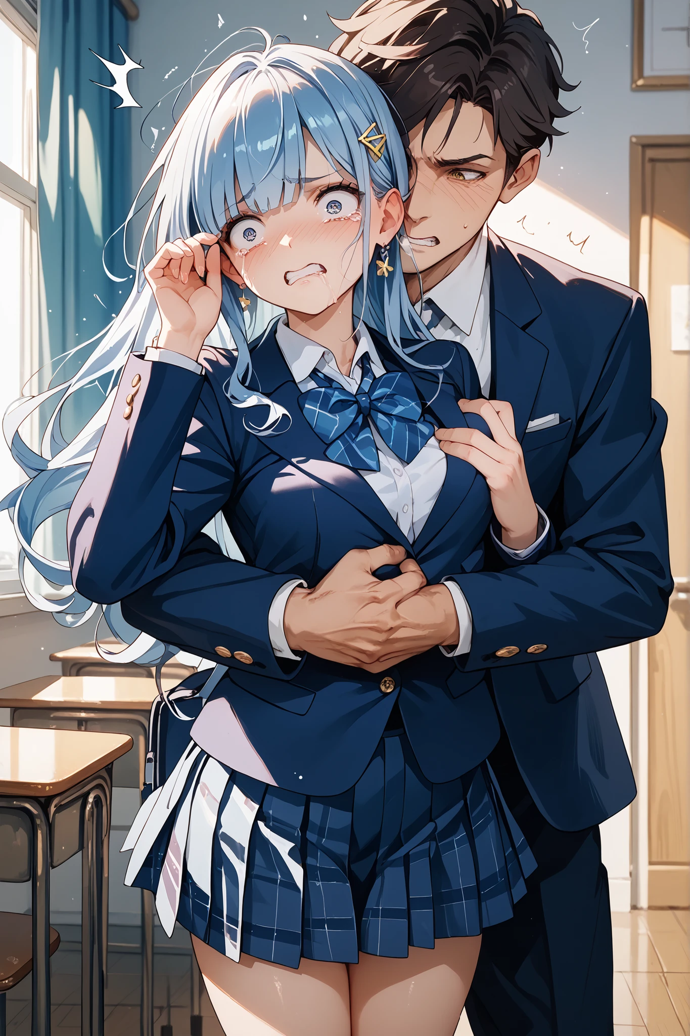 1girl, 1boy, long hair, shirt, collared shirt, white shirt, blush, blue bow, tears, jacket, bow, indoors, bowtie, , grey hair, hug, crying, blue bowtie, bangs, grey eyes, open mouth, blurry background, hetero, black hair, crying with eyes open, blurry, classroom, speech bubble, short hair, dress shirt, black jacket, ((medium quality)), ((medium quality))