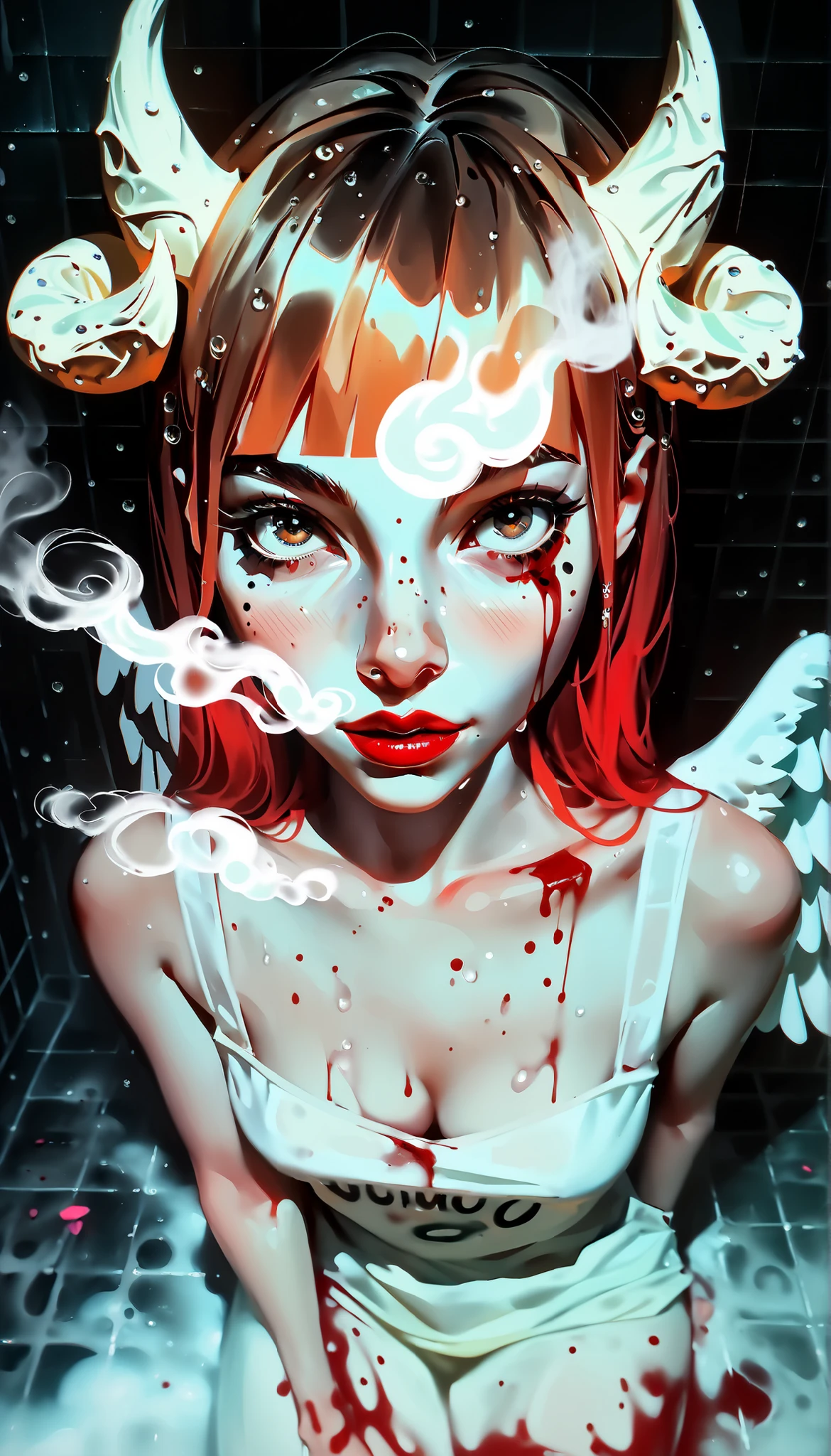 masterpiece,the best quality,NEW ,Absurds,high resolution,(in white on black),black background,white spots,Abstract,drawing with tempera, Artistic,watercolors,stained,shaded on the background,demon woman,Horns,angel wing tunic, ,summary drawing of smoke,imaginary rain,tiles with drops of water,dramatic lighting,cinematic lighting, atmospheric lights, ultra detailed, bloom, dramatic atmosphere, centered, rule of thirds, f/1.4, 6 mm, high angle photo,angel,Floating,bathroom,,blood,red lips