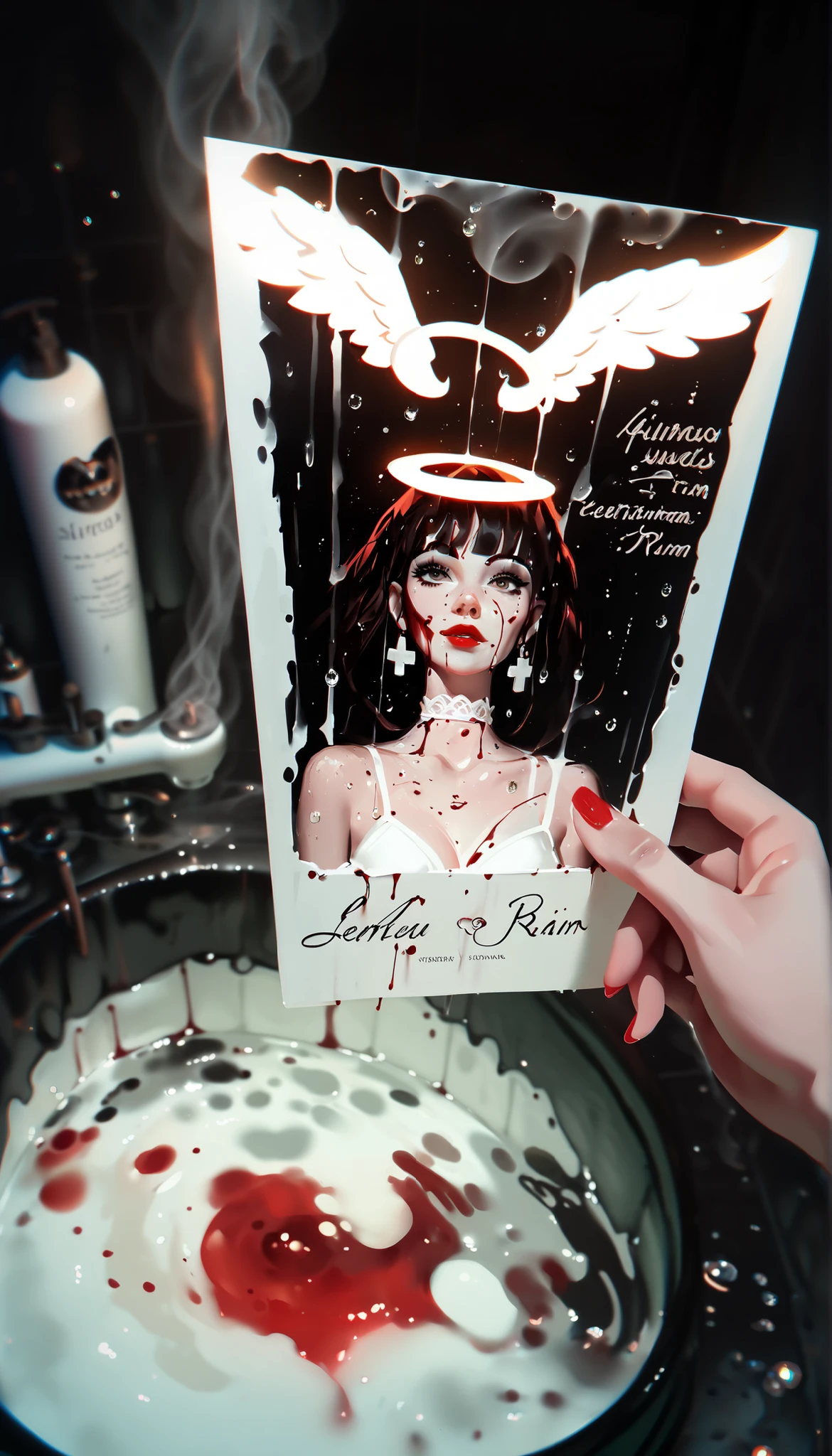 masterpiece,the best quality,NEW ,Absurds,high resolution,(in white on black),black background,white spots,Abstract,drawing with tempera, Artistic,watercolors,stained,shaded on the background,demon woman,Horns,angel wing tunic, ,summary drawing of smoke,imaginary rain,tiles with drops of water,dramatic lighting,cinematic lighting, atmospheric lights, ultra detailed, bloom, dramatic atmosphere, centered, rule of thirds, f/1.4, 6 mm, high angle photo,angel,Floating,bathroom,,blood,red lips